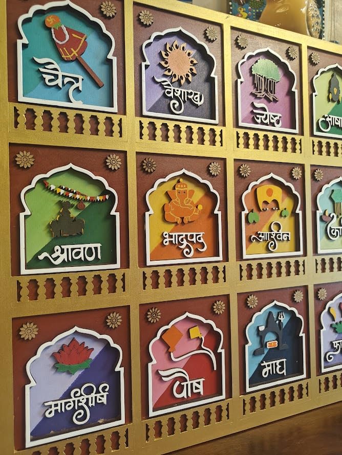 Marathi/Hindi Month Art Piece for Wall Art – 12 Hindu Months by Arnaksh Art Studio's | 3 Layers Design With Traditional Festival Symbols | Colorful Cultural Decor for Home, Office, Pooja Room (18 x 18 inch) | Handmade-image-43