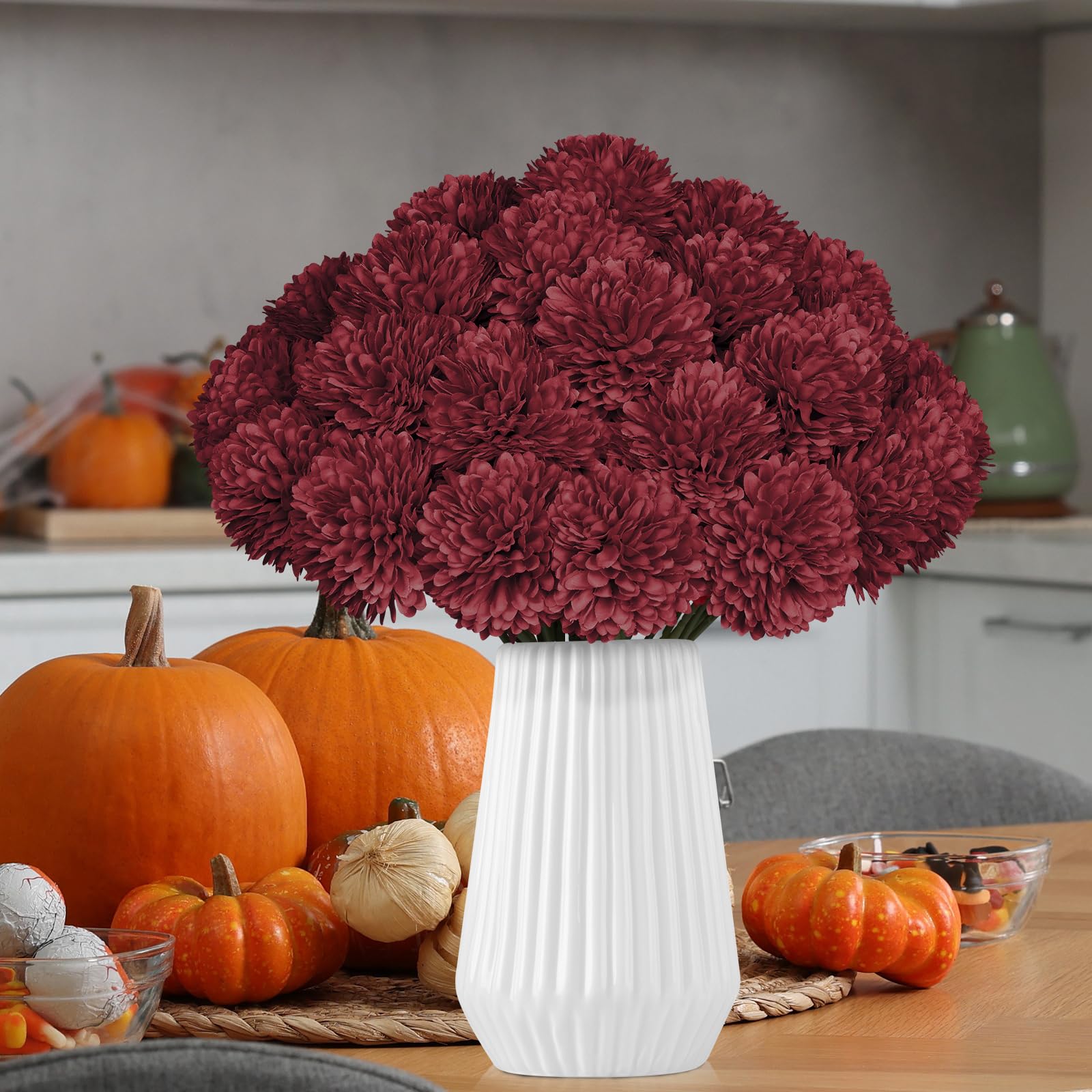 Künstliche Chrysanthemen in Burgunderrot, 36 Stück, künstliche Mütter, Seidenkugeln, Blumen für Herbst, Heimdekoration, Hochzeit, Tischdekoration, Weihnachtsblumenarrangements (Burgunderrot)
