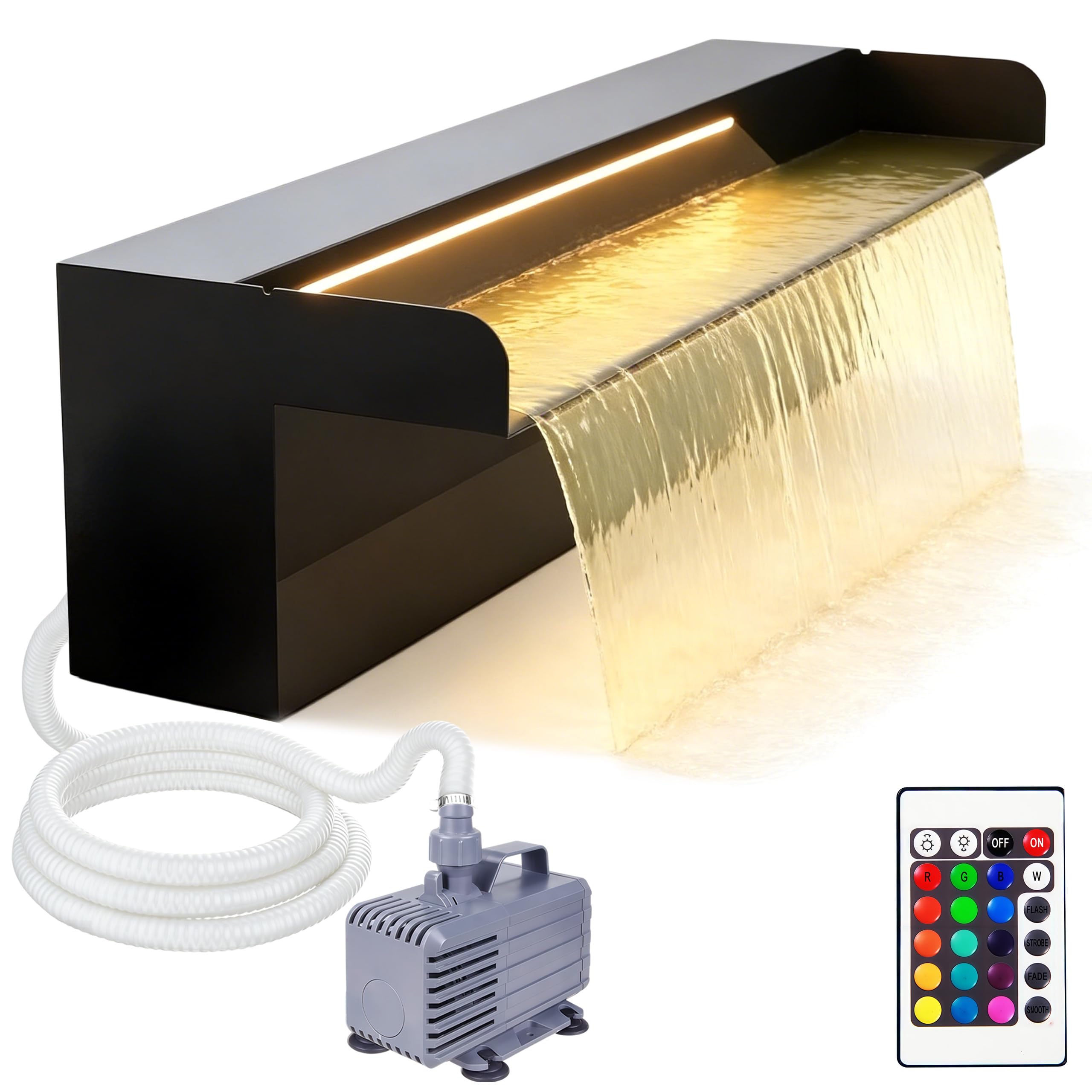 Set Cascata per Laghetto Esterno 30 cm in Acciaio Inossidabile con con Pompa da 60 W 3200 L/h Catena Luminosa LED telecomandata con Cambio di Colore Fontana per Piscina per Giardino Patio e Terrazza