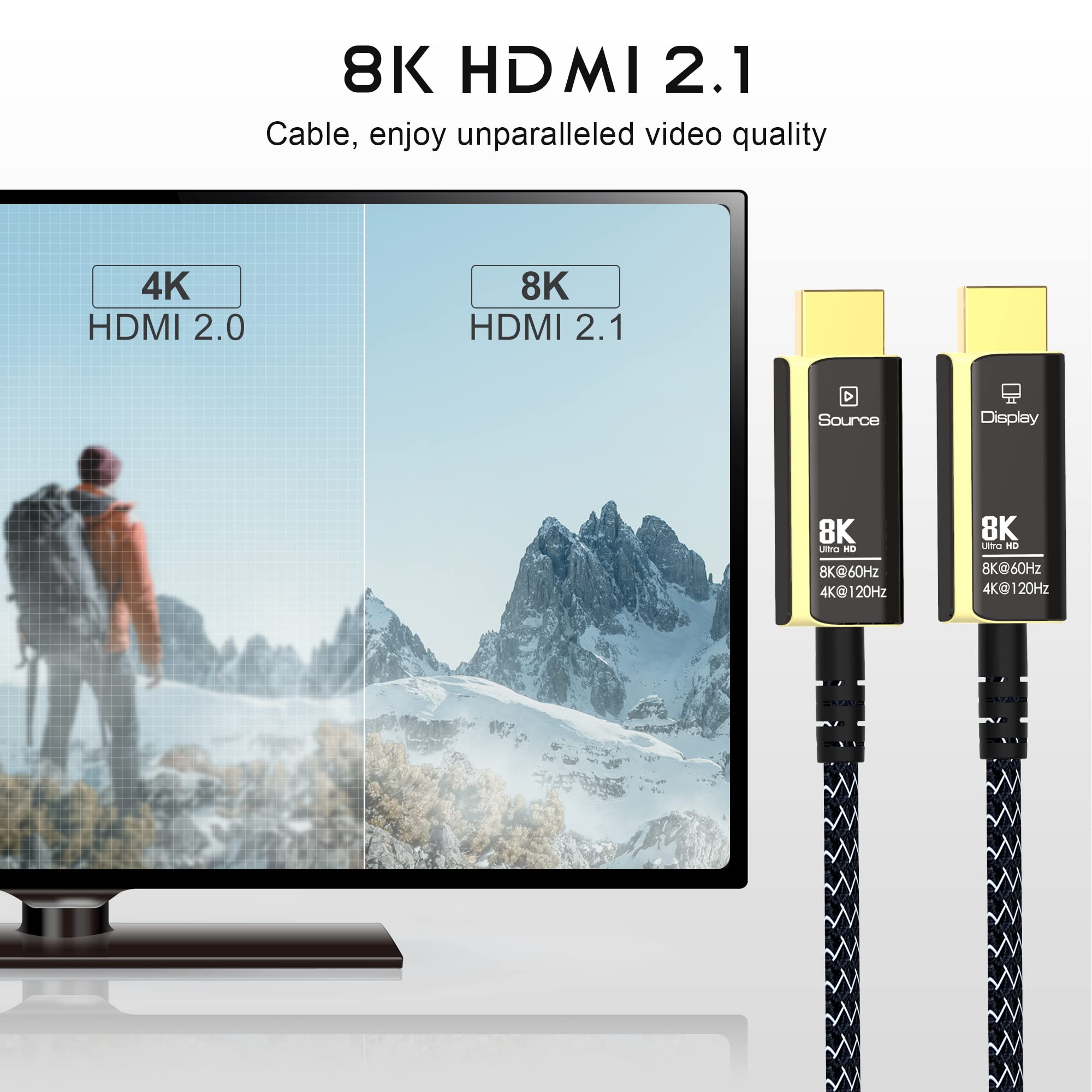 PremiumCord Cable de Fibra Óptica Activa 8K Ultra Alta Velocidad HDMI 2.1, 48 Gbit/s, HDMI 2.1, 3D, EDID, ARC, HDR, Resolución 8K@60Hz 4320P, 4K@120Hz, Chapado en Oro, Longitud 50 m