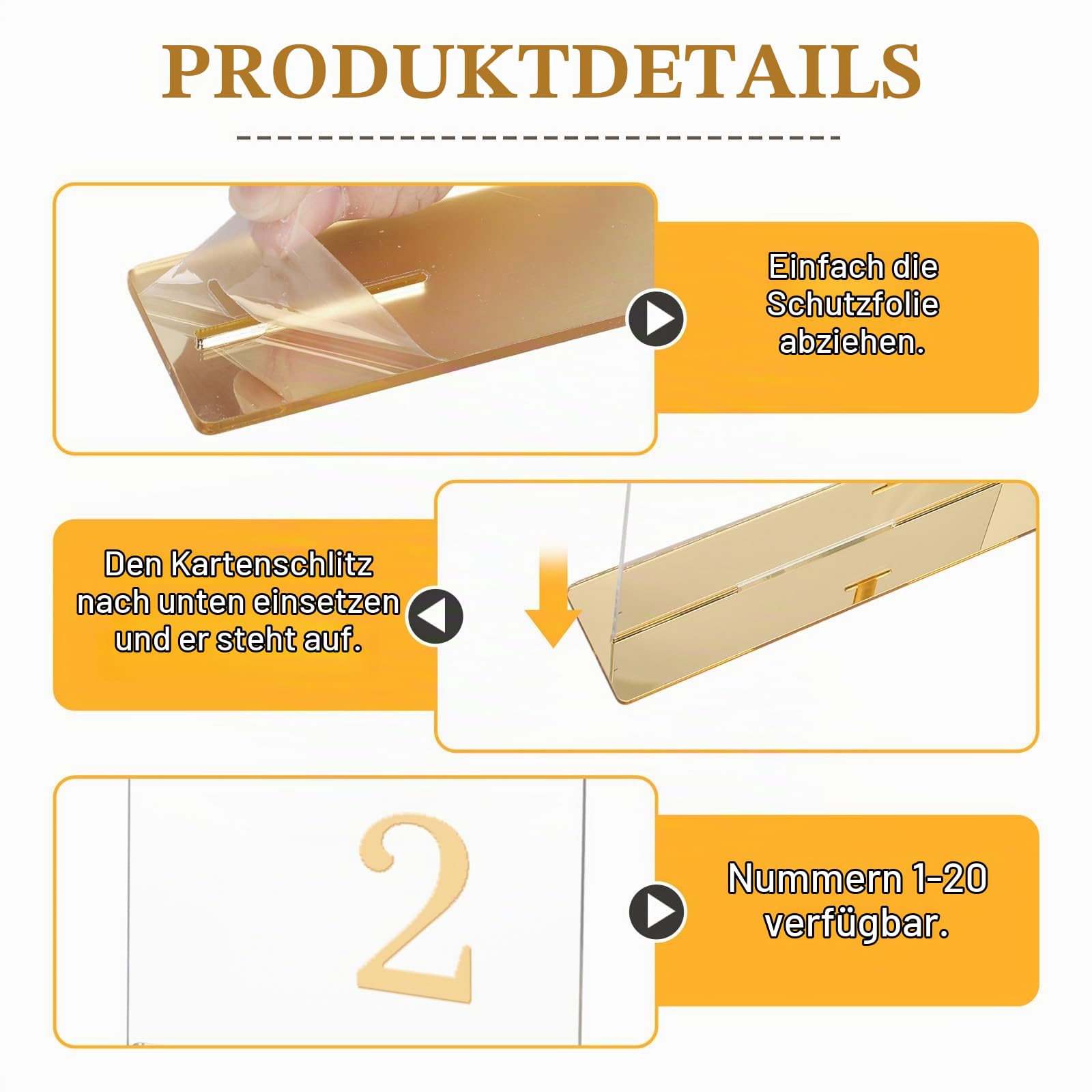 20er Set Hochzeit Tischnummern Acrylschilder, Transparentes Bogen Tischnummernschild mit Standfuß,1-20 Goldene Zahlen Tischnummern für Hochzeiten, Jubiläen, Partys