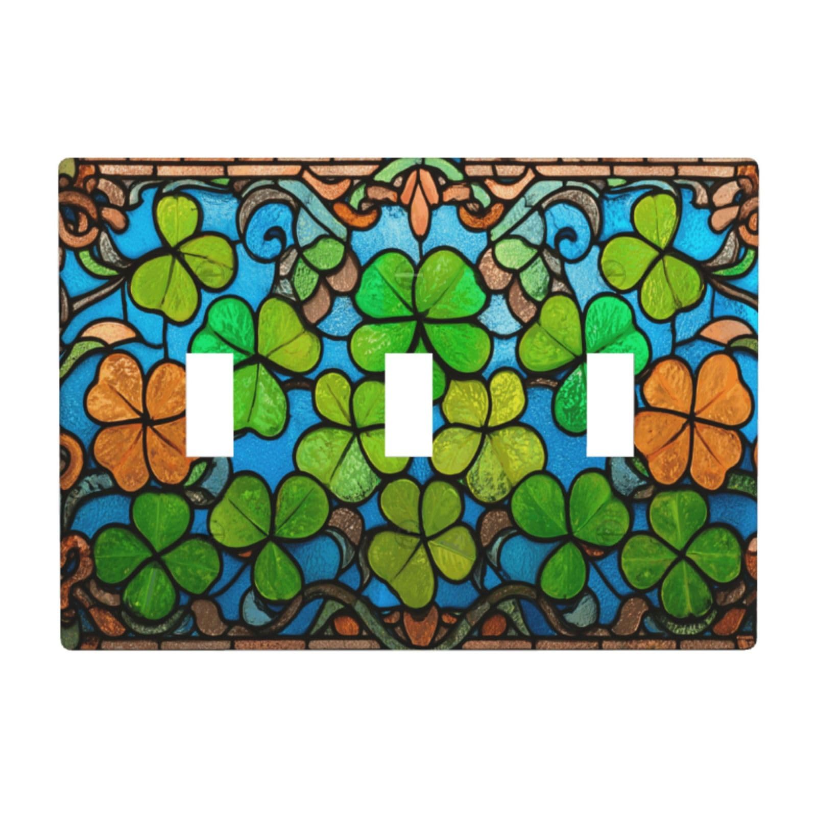 Stained Glass Vibrant Green Clover Leaves Light Switch Covers 3 Gang Triple Toggle Wall Plate Switchplate Electrical Faceplate for Bathroom Kitchen Bedroom Decor