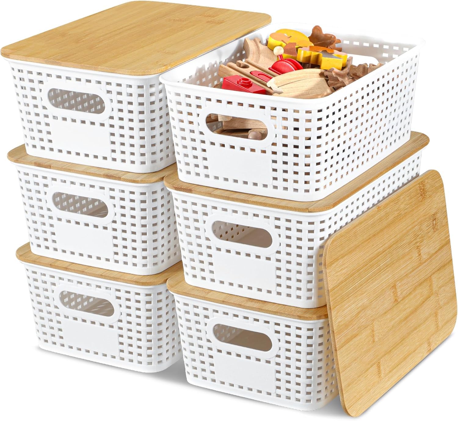 Storage Bins with Lids 6 Packs, Plastic Storage Bins with Bamboo Lids for Pantry Organization and Storage Containers for Shelves Drawers Desktop Closet Playroom Classroom Office Home, White