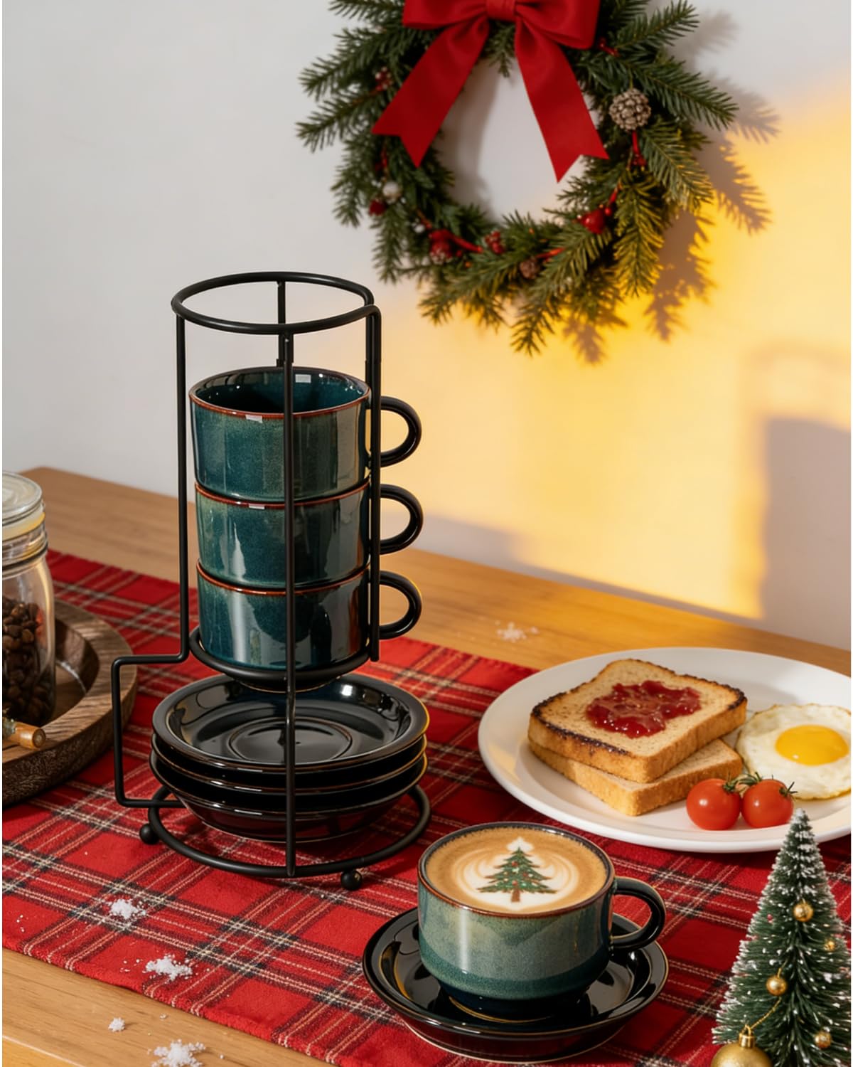 HOME DECOR Juego de tazas de café expreso, proceso de esmalte reactivo, 4 tazas de café de 140 ml con platillo y soporte, elegantes tazas de cerámica para espresso, café y latte, verde oscuro reactivo