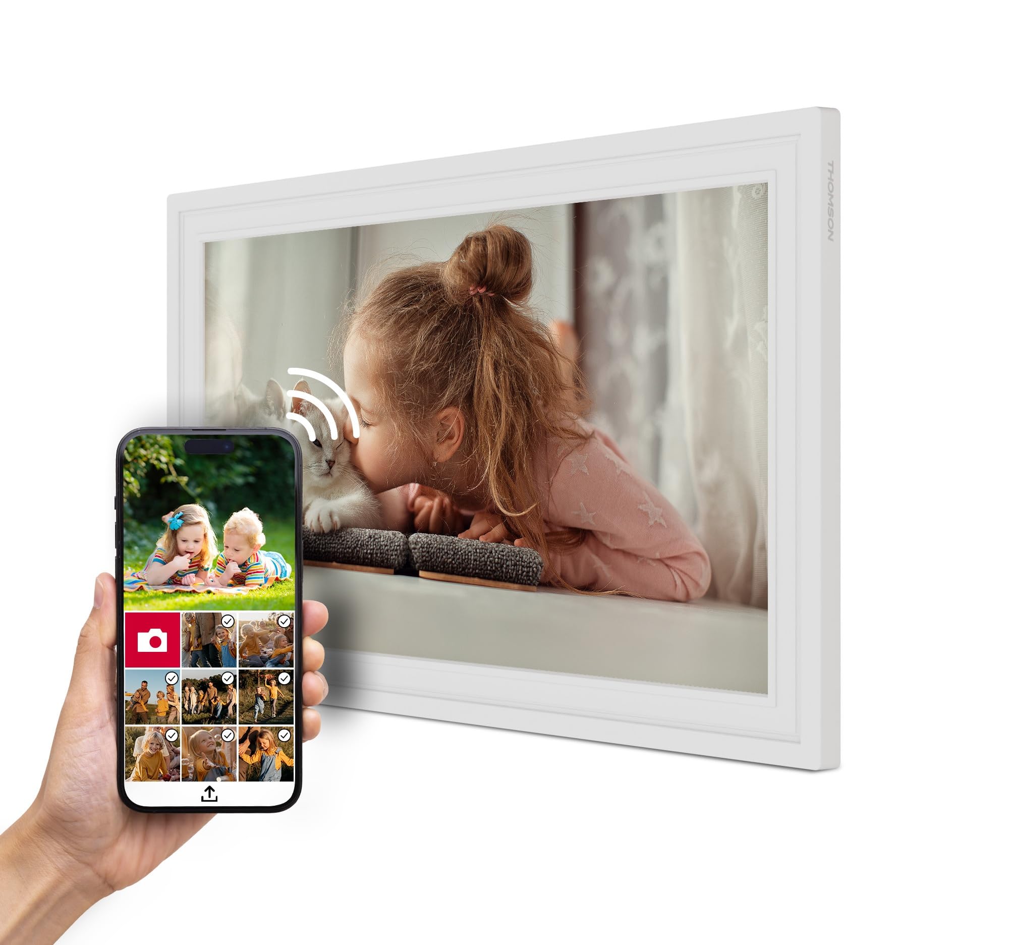 Thomson Digitaler Bilderrahmen 15 Zoll, IPS-Bildschirm, FHD-Touchscreen, Direktes Teilen über App, Smart-Funktionen, Elektronischer Fotorahmen mit 32 GB Speicher, Automatische Drehung, Weiß