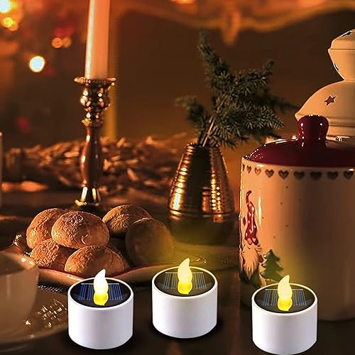Miniatura 3 de Velas de té solares, 10 velas LED impermeables sin llama, velas LED recargables ámbar parpadeantes para jardín, patio, camino, decoración del hogar
