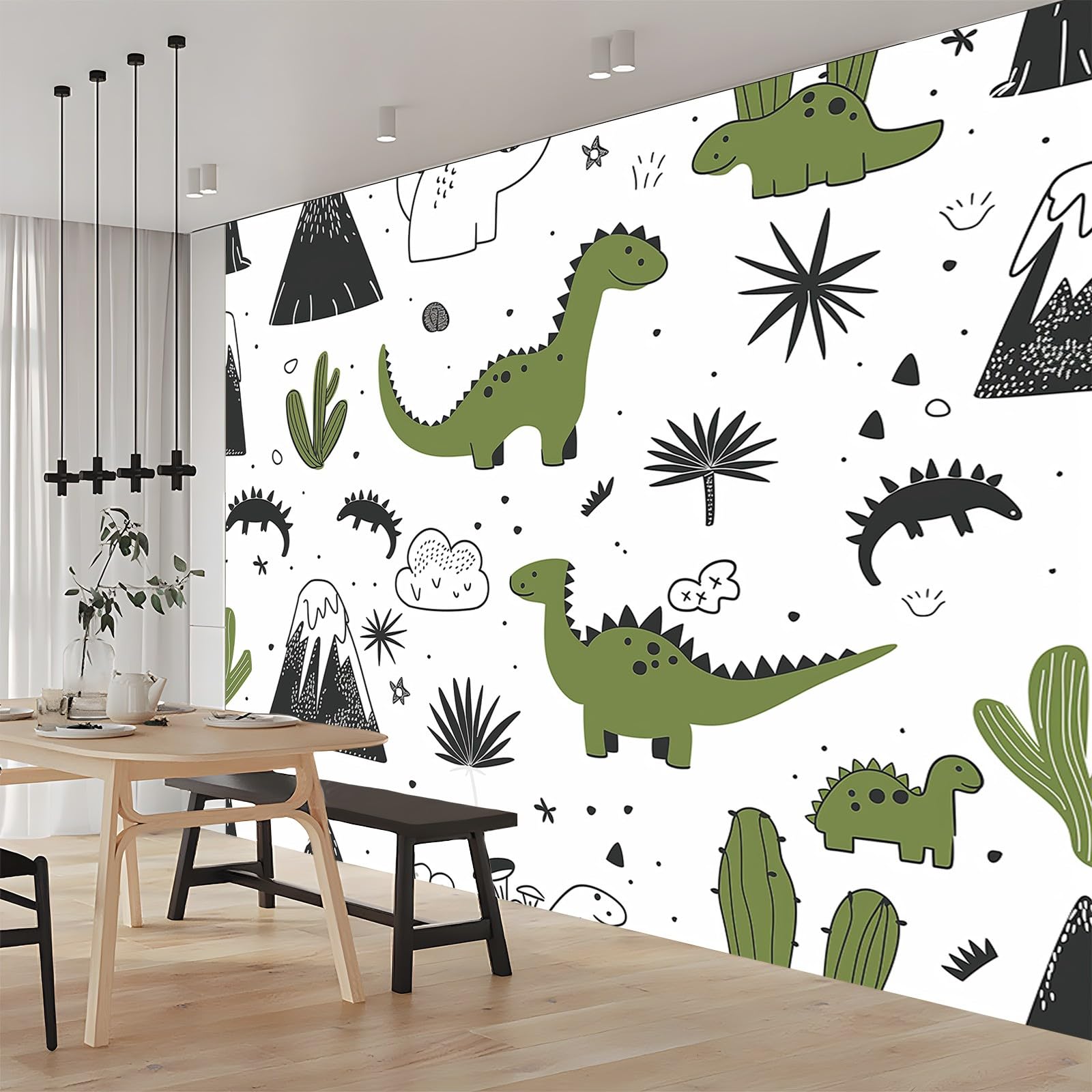 Tapety 250 x 175 cm tapeta z nadrukiem artystyczna tapeta z włókniny do różnych pomieszczeń uroczy dinozaur kreskówka roślina dekoracja ścienna salon sypialnia sypialnia zielony czarny