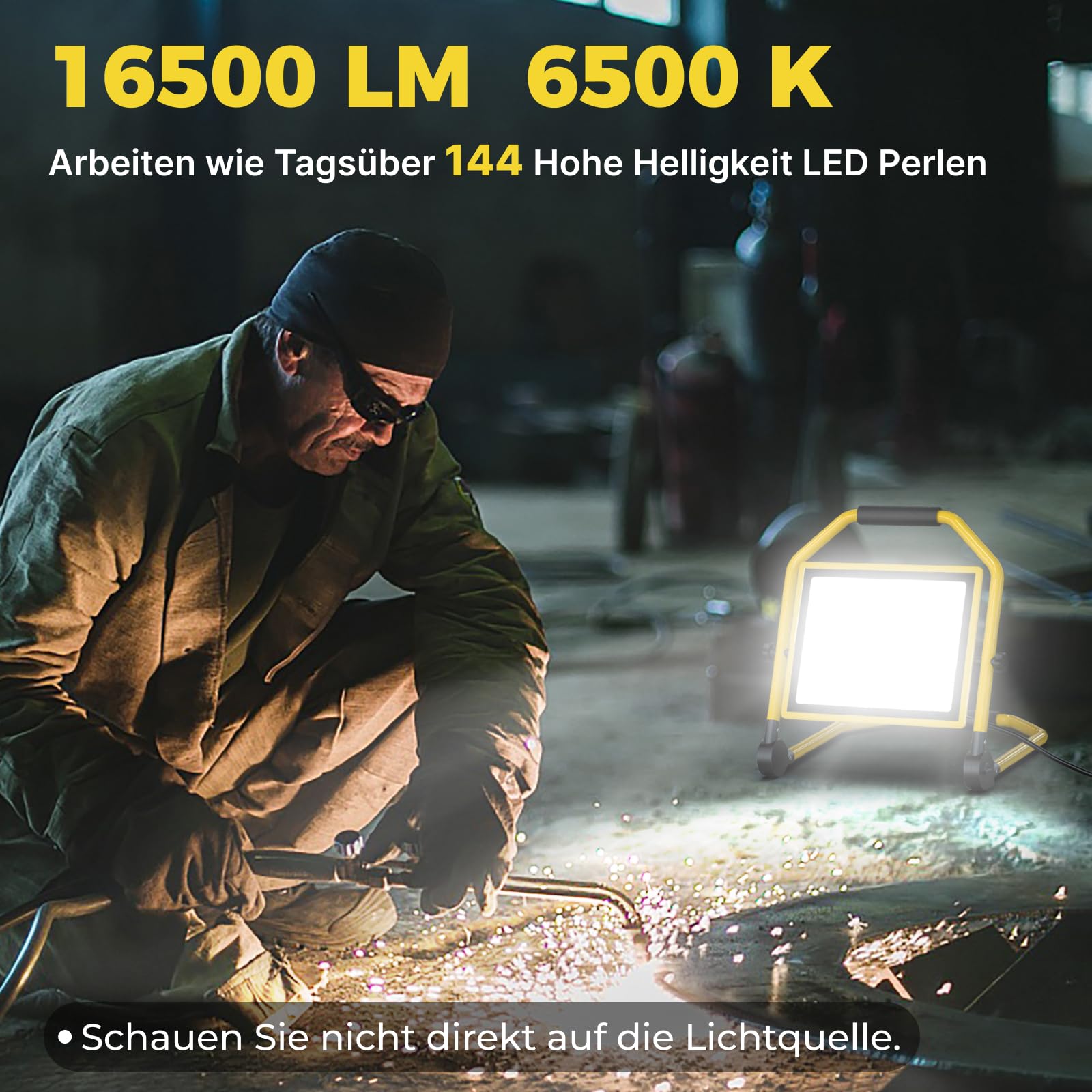LED Baustrahler mit 16500 Lumen, 16FT Kabel, 6500k, Wasserdicht, Verstellbarer Ständer Ideal für Innen und Außenwerkstätten, Garagen und Baustellen (150W)