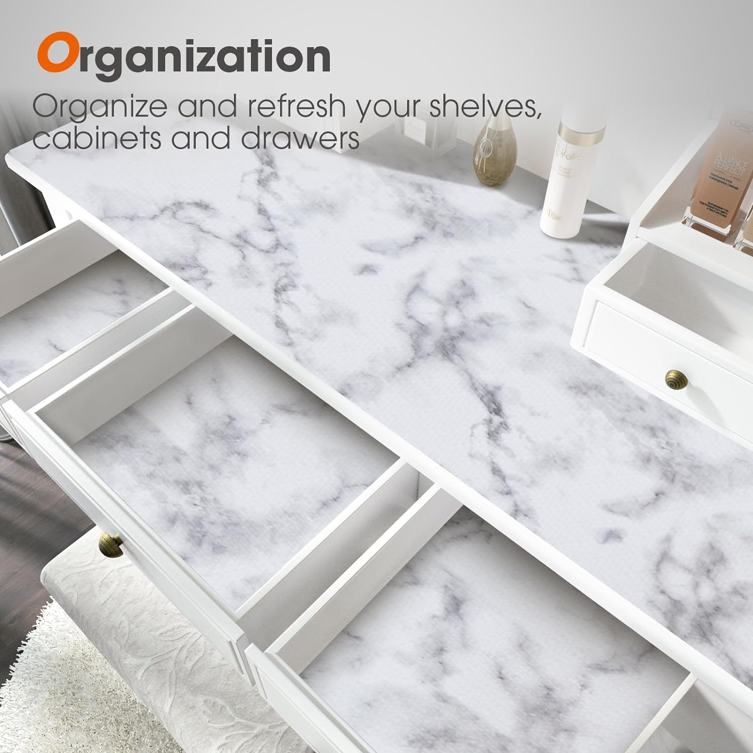 Drawer and Shelf Liner, Non-Slip Kitchen Cabinet Liners Non-Adhesive Thick Strong Grip Waterproof Washable Mats Protect Dresser Shelves Cupboard Bathroom Cabinets, White Marble, 18 in X 10 FT