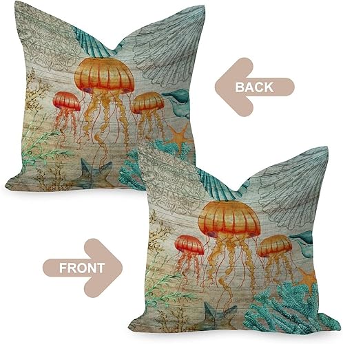 Miniatura 4 de Funda de almohada decorativa de 24 x 24 pulgadas, con temática náutica, océano, medusas subacuáticas, elegante, tortuga, vida marina, decoración