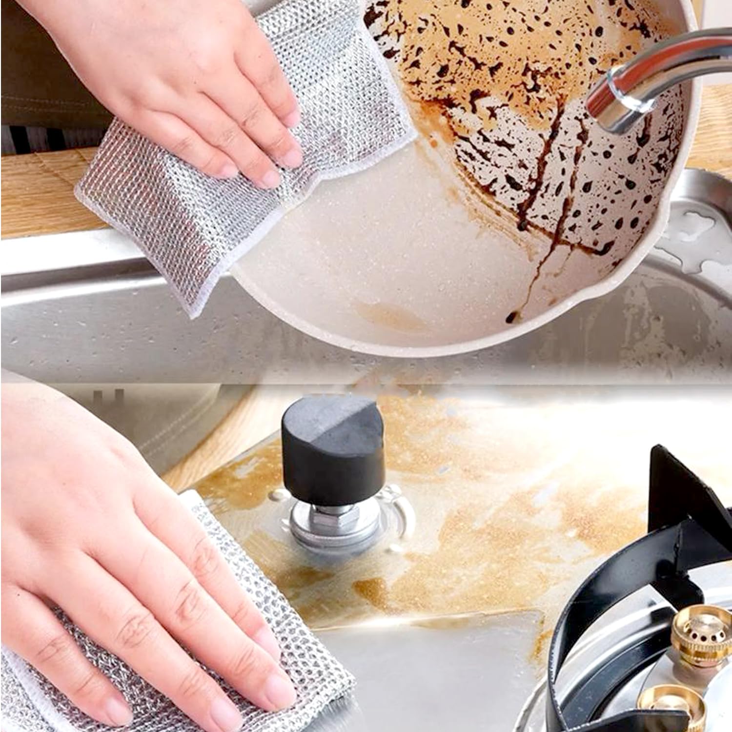 5-Pack Non-Scratch Steel Wool Pads + 3 Brushes, Grey+Black, 20*20cm/23cm - Image 3