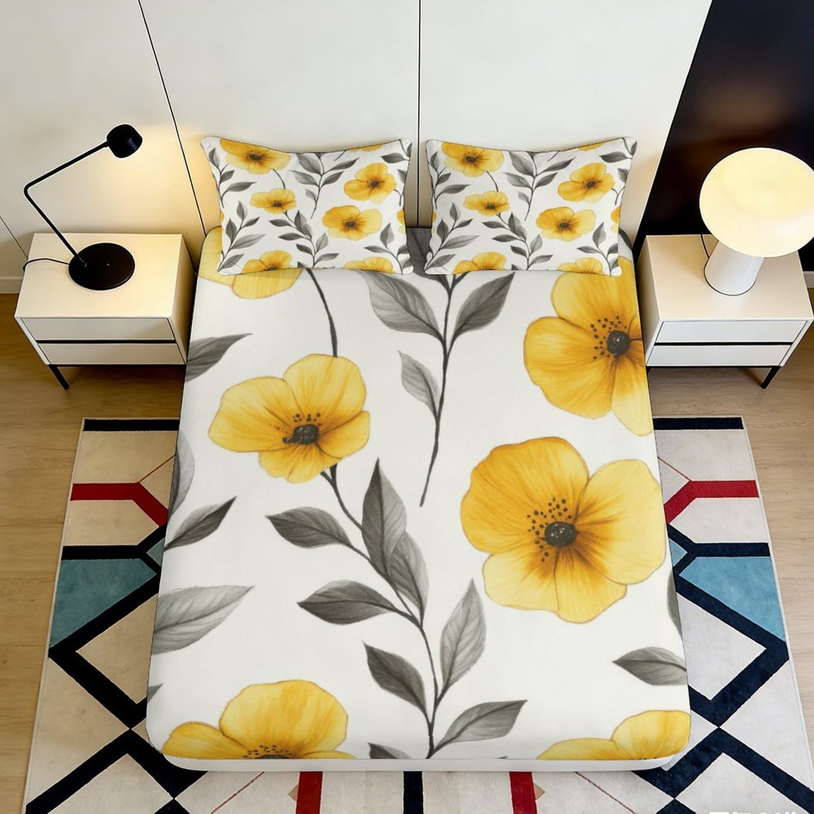 3D Printed Yellow Floral Fitted Sheet Microfiber Soft Breathable Botanical Bed Sheet for Bedroom Guest Room Decor 90x200x25cm