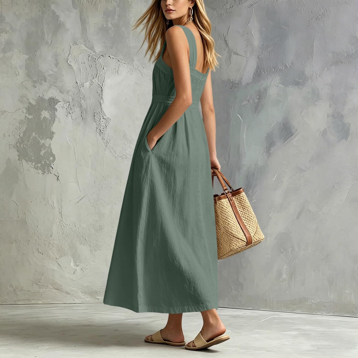 Womens Linen Dresses Summer Spaghetti Strap Sleeveless Boho Dress Button Beach Maxi Long Dresses with Pocket
