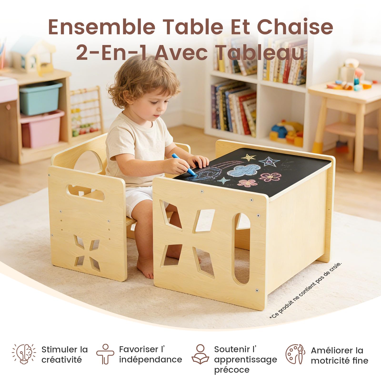 Ensemble Table et Chaise Enfant Montessori,Table Enfant avec Chaise Réglable Un Tableau Noir Table Chaise en Bois pour 1-3 Ans, pour Activité/Dessiner/Manger/Jeux