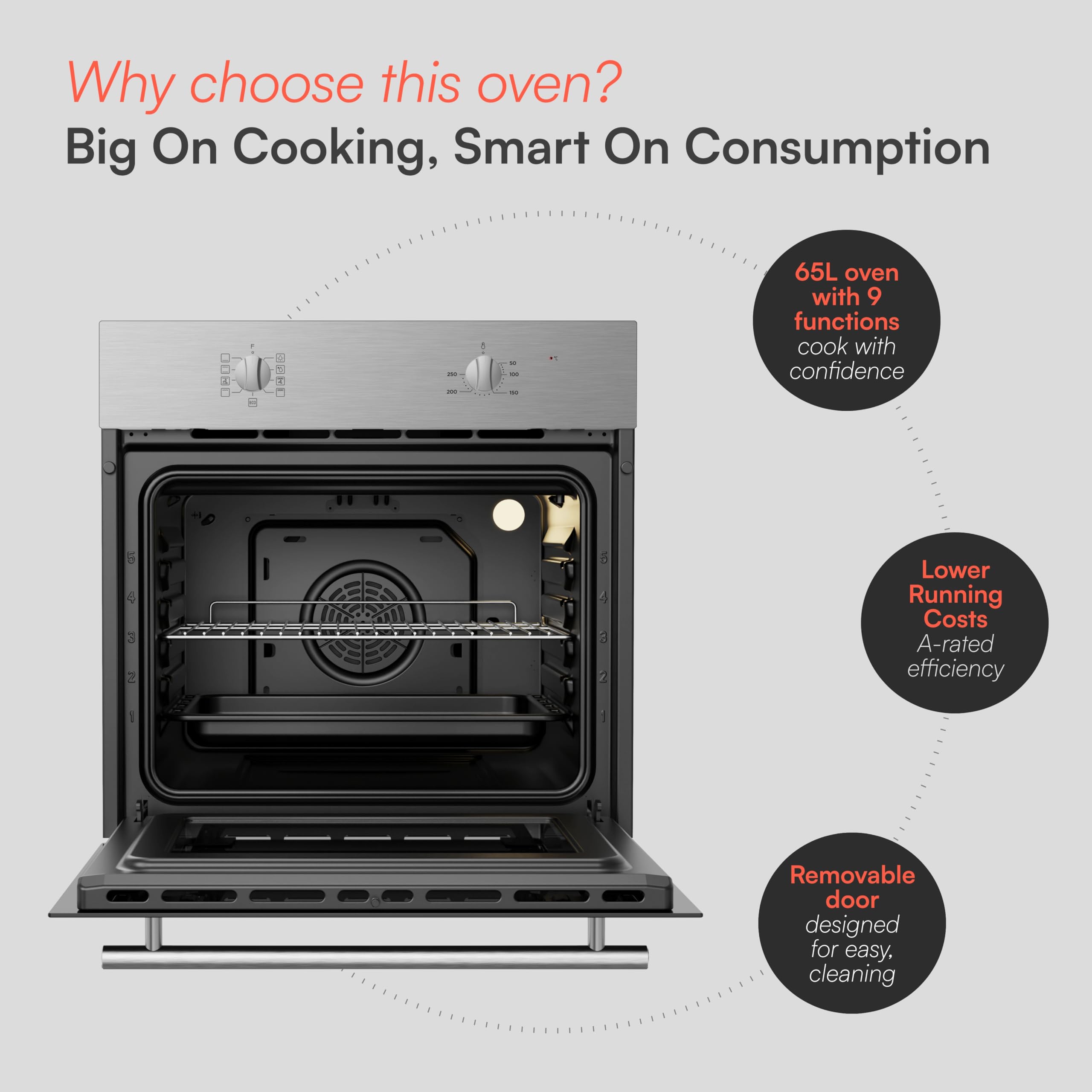 Cookology Built-in Electric Fan Oven in Stainless Steel - 65 Litre Capacity – Single Oven with Grill - Mechanical Controls - A Energy Rating – BOFA65SS — view 3