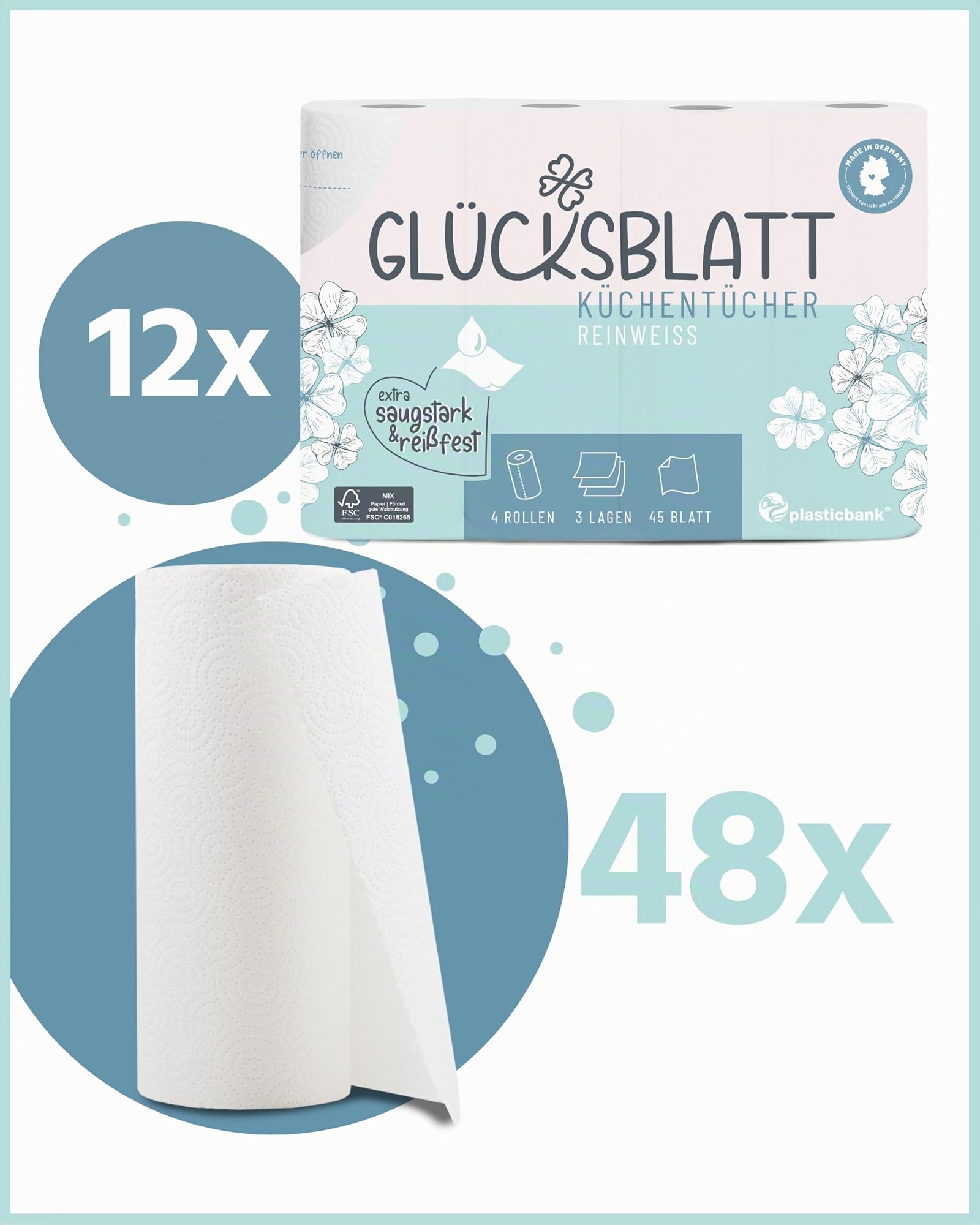 Glücksblatt Asciugamani da cucina, 48 rotoli da 45 fogli, rotoli da cucina a 3 strati, 100% polpa, sostenibili, rotoli assorbenti, asciugamani di carta, asciugamani di carta, carta da cucina
