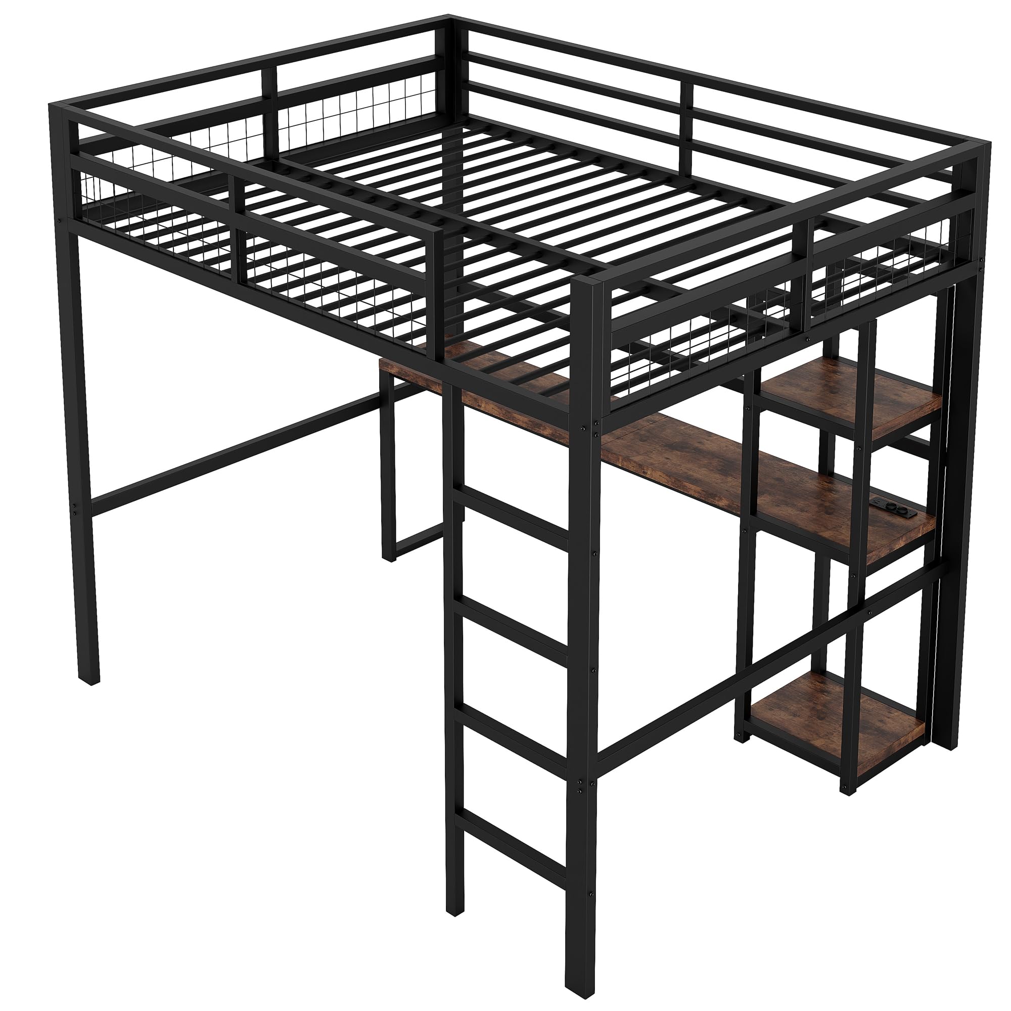 Dolamaní Cama alta para adultos, 140 x 200 cm, marco de cama de metal con enchufe, cama de metal con USB Type-C y varios estantes, capacidad de carga de 150 kg (negro)