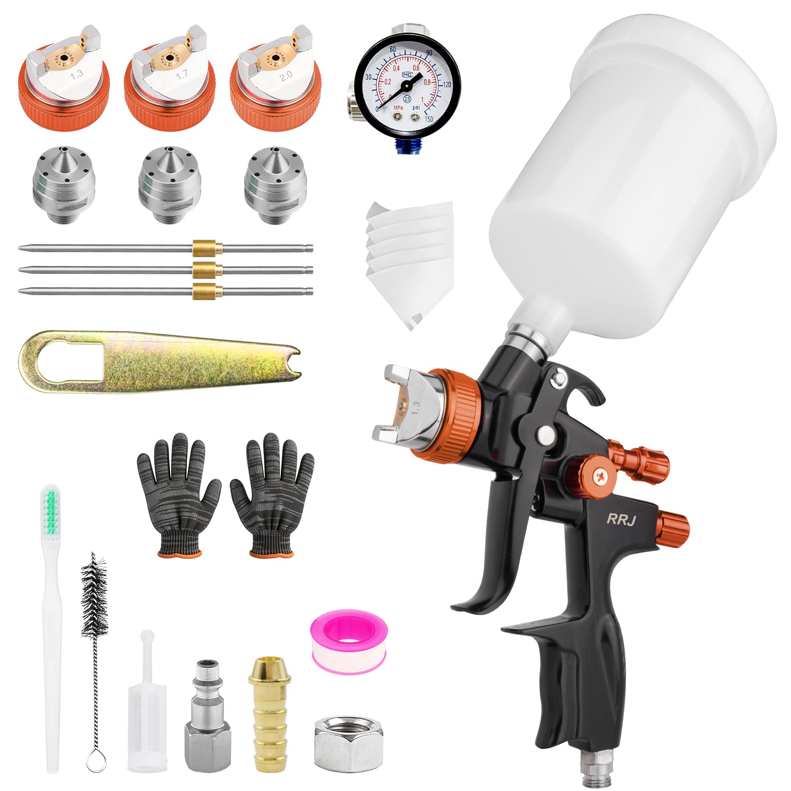 HVLP - Pistola pulverizadora con 3 boquillas de 1,3 mm/1,7 mm/2,0 mm, pistola de pintura profesional, pulverizador de gravedad con vaso de plástico de 600 ml