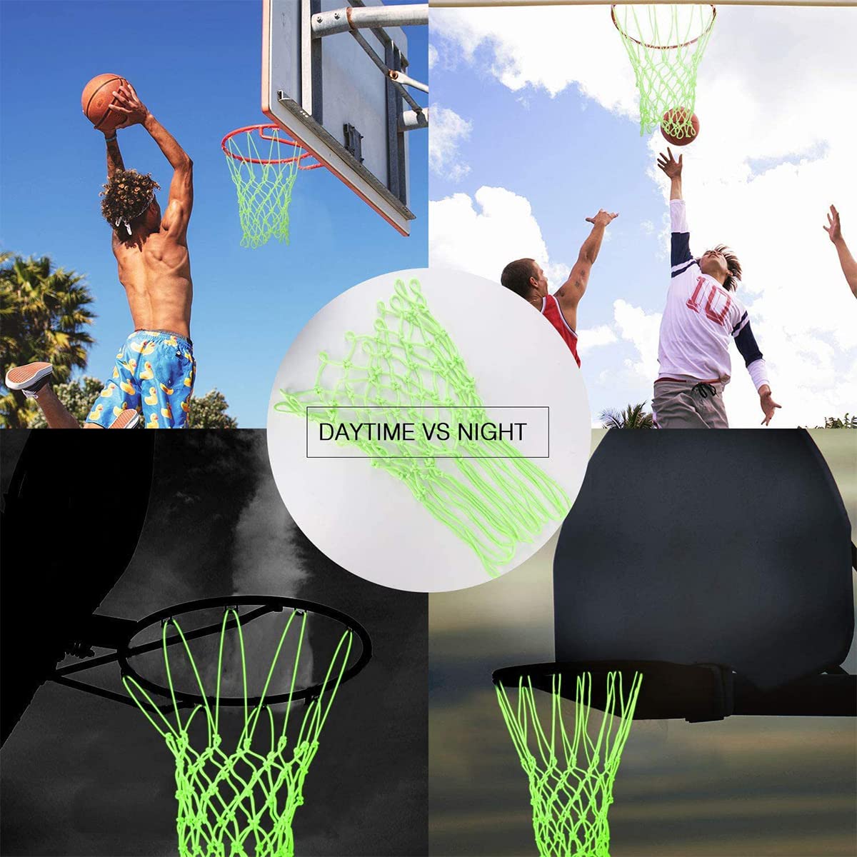 WANGCL Red de baloncesto que brilla en la oscuridad para exteriores, 12 bucles, tamaño estándar, resistente, repuesto de red de baloncesto luminosa, portátil, alimentada por el sol, red de baloncesto