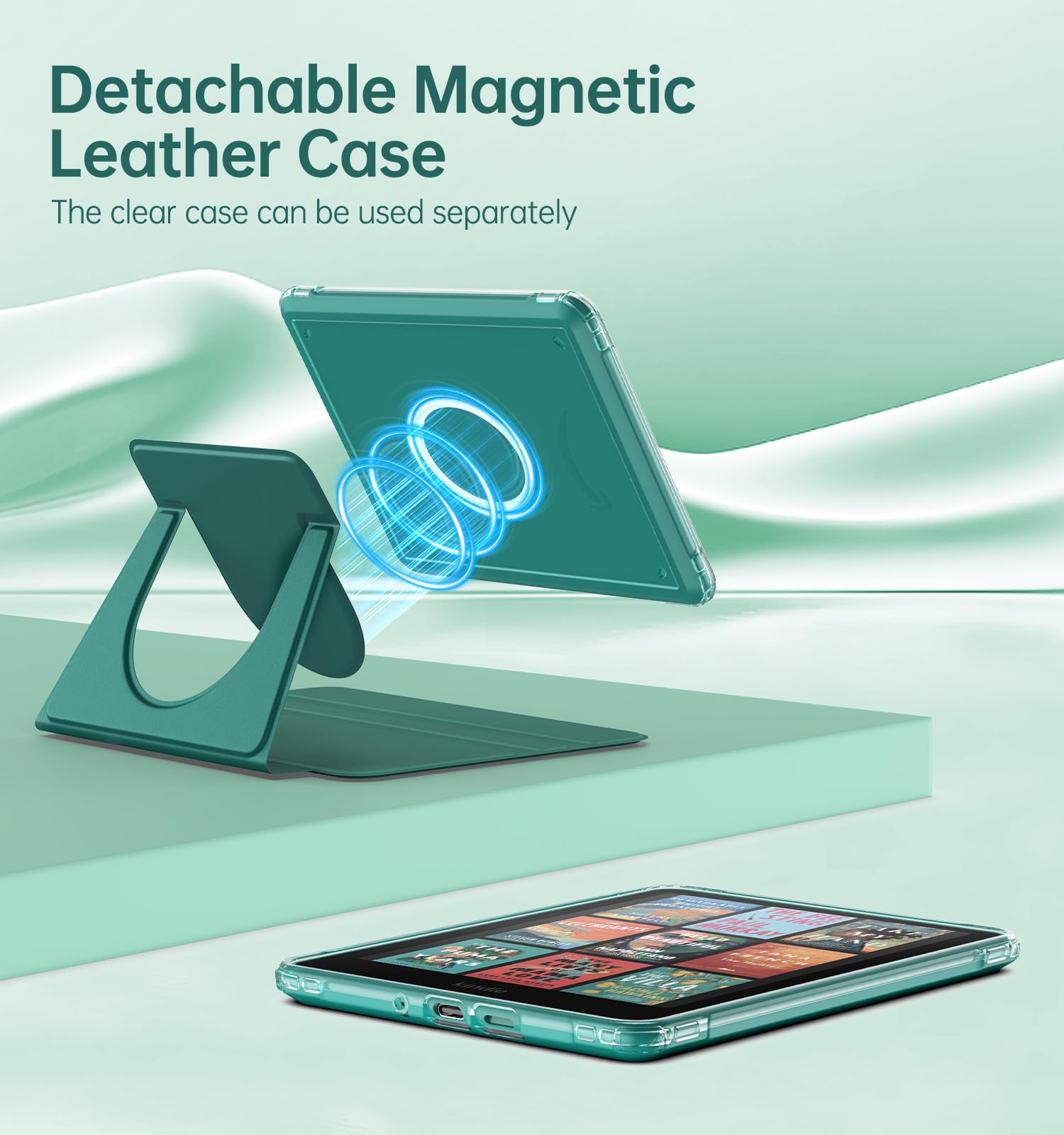 MoKo Coque Pivotante à 360° pour 7" Kindle Paperwhite 12e Gén 2024&Kindle Colorsoft 2024/2025, Étui Protection à Dos Clair Magnétique Détachable avec Support Réglable et Auto Réveil/Sommeil, Vert Jade