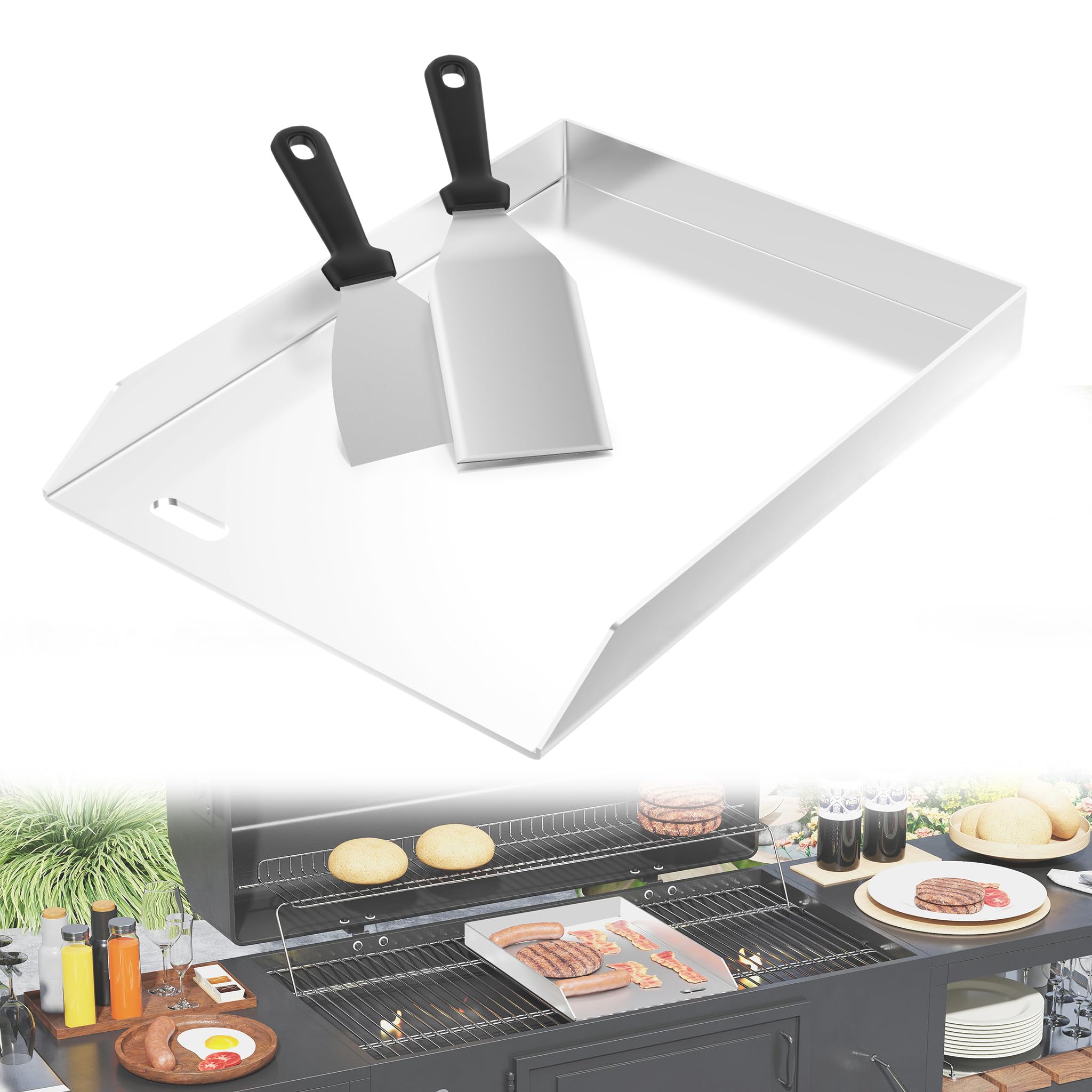 YRHome Plancha Płyta grillowa 30 x 40 x 4 cm, 2 mm, ze stali nierdzewnej, do gazu i węgla drzewnego, ze szpachelką do grilla i skrobakiem – odporna na korozję, odporna na wysokie temperatury