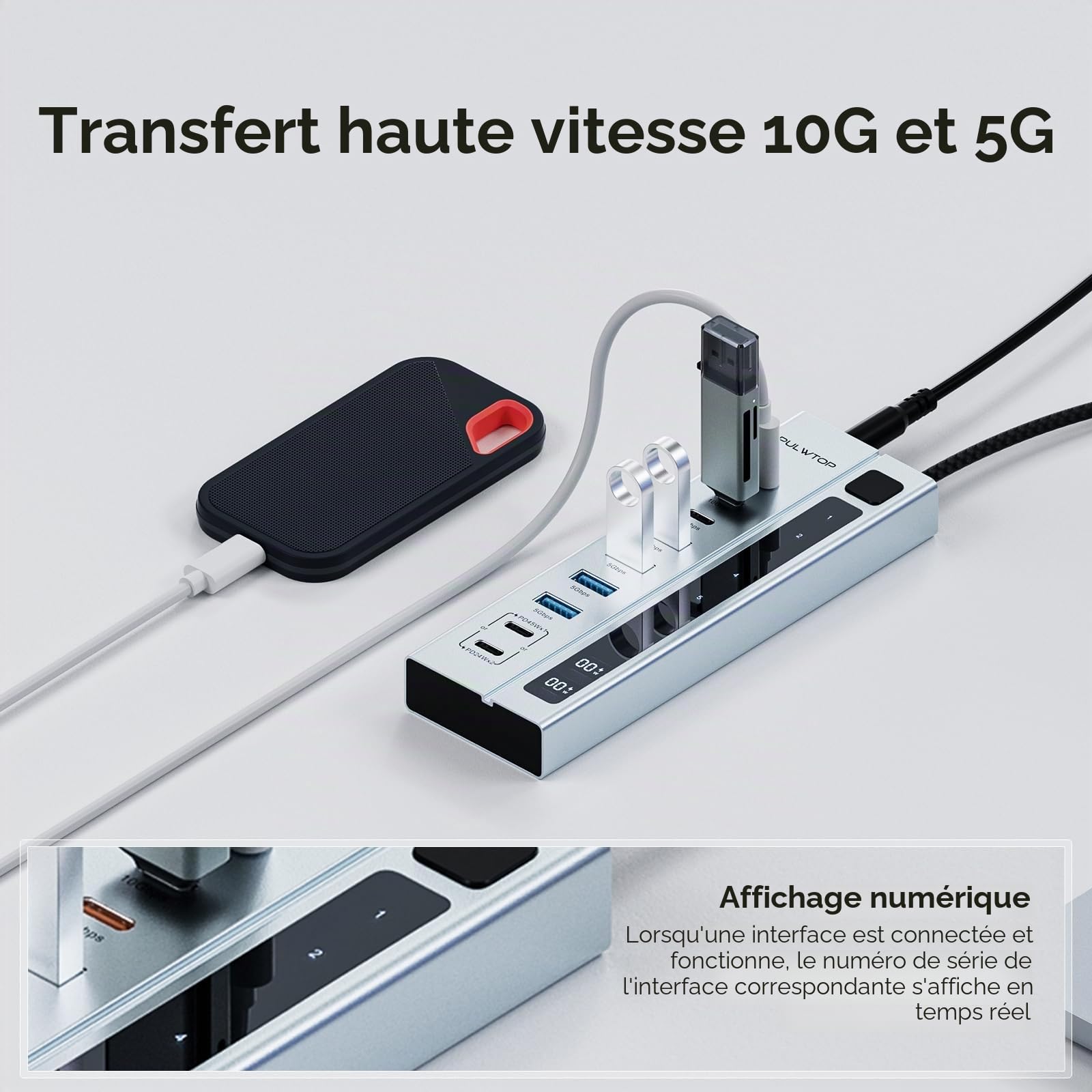 Hub USB-C alimenté, hub USB avec Charge Rapide 10 Gbit/s et PD 45 W Max | PULWTOP Hub USB C alimenté avec Adaptateur 72 W, hub USB C 3.2 avec données USB A/C (10 Gbit/s) et Ports de Charge (Max 45 W)