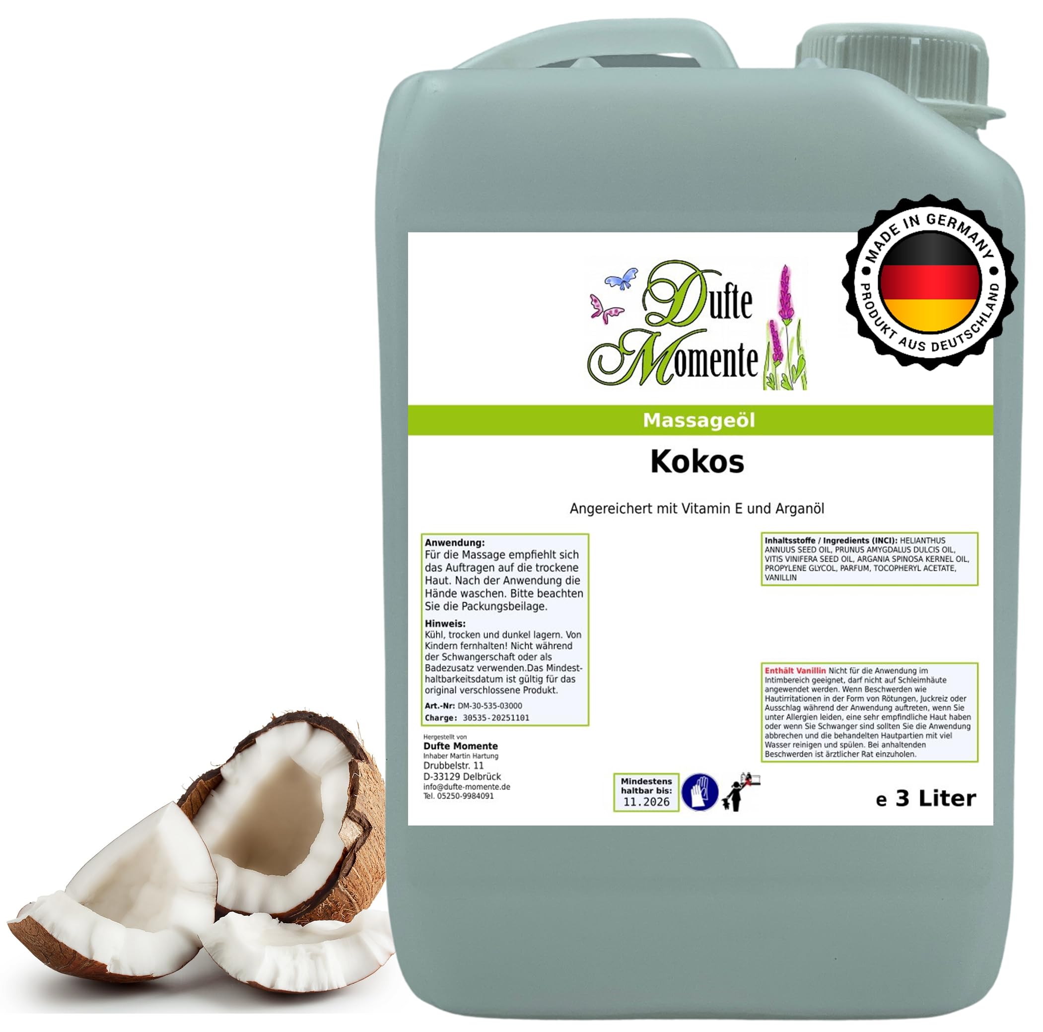 Dufte Momente Massageöl Kokos – 3 Liter – Pflanzenölbasis mit Kokosduft – cremig & pflegend – für Massage & Wellness – vegan & Made in Germany