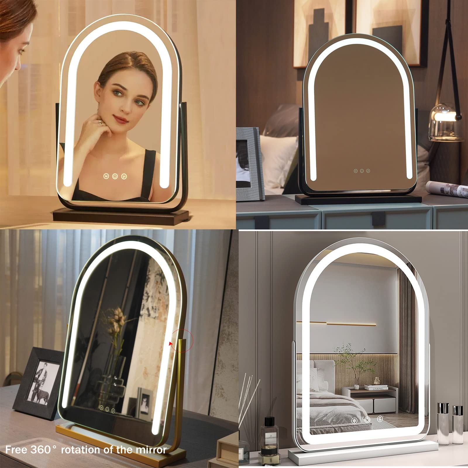 LED-Make-up-Spiegel mit 3 Beleuchtungen, M-Touch-Sensor, gewölbtes ovales Design, schwarzer Vani-Tischspiegel für flless Make-up-Anwendung, ideal für Zuhause und Reisen