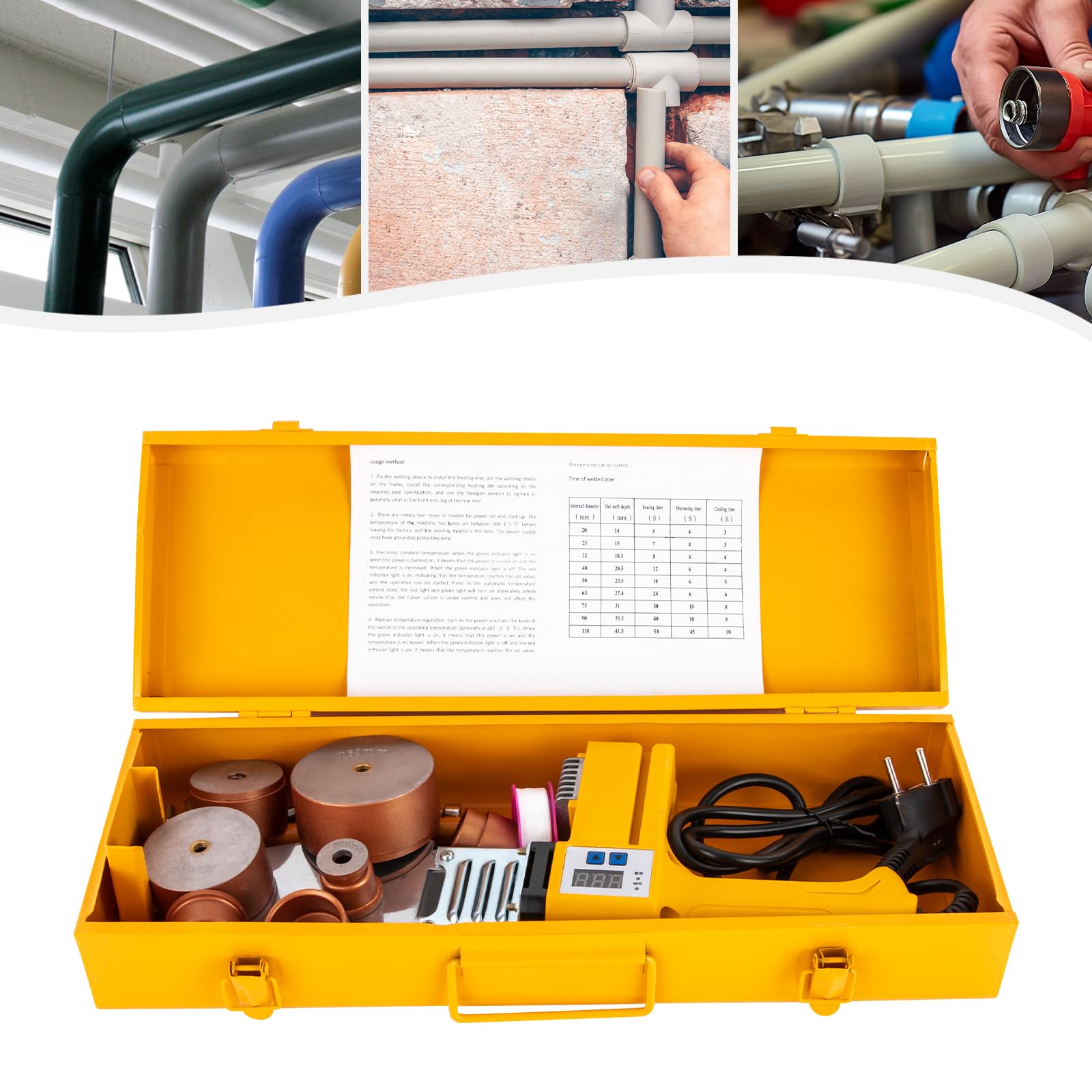 Saldatrice per tubi, 1000 W, riscaldamento elettrico, strumento di saldatura per PPR, PE, PP, HDPE, PVC, casa, officina, cantiere, testine di taglio 20-63 mm