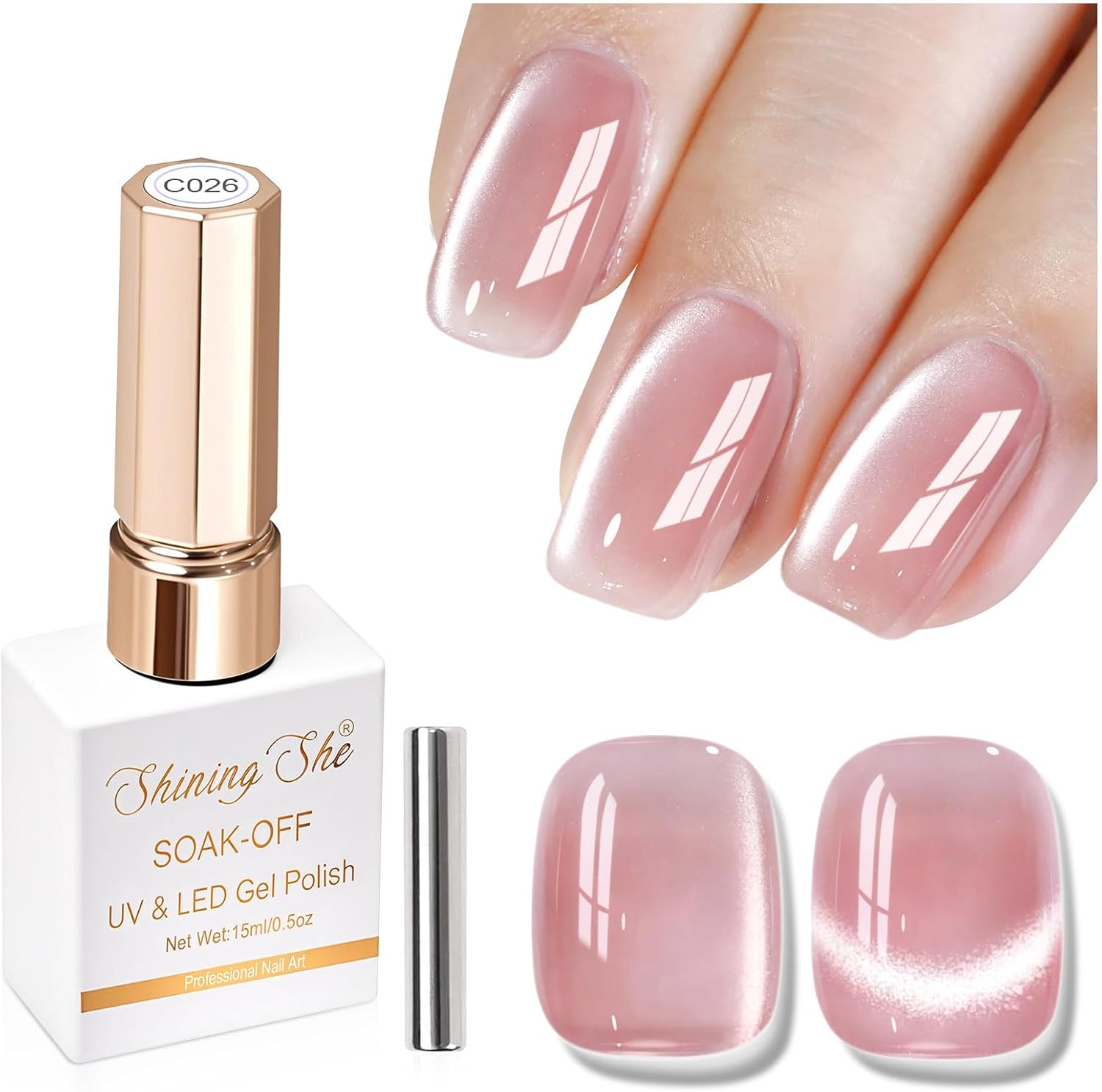 Jelly Cat Eye Gel Polish, 15ml Klassieke Kristal Roze Gel Nail Polish Set Met Magneet,Transparant Gellak Soak-Off UV Nagellak voor Beginner Nail Art Salon Lente Zomer, 1PCS