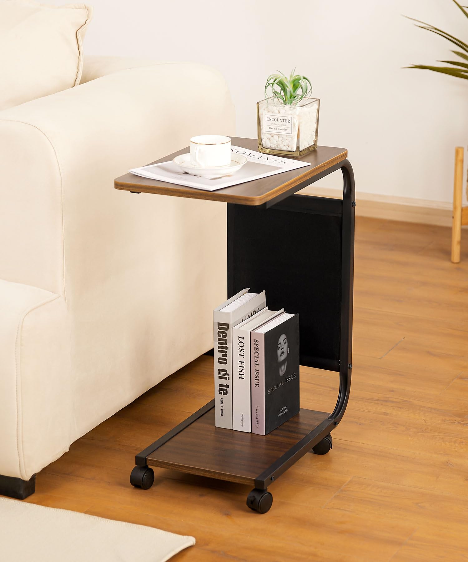 Yorbay Tavolino in legno, divano con ruote e custodia, tavolino portatile a forma di C con struttura in metallo, 46 x 30 x 62 cm, tavolino da salotto, caffè e computer portatile