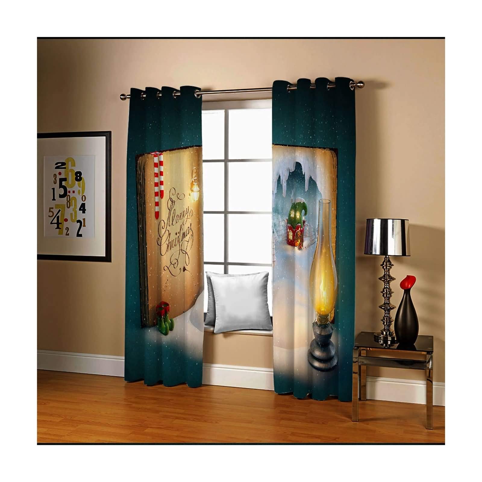 Daesar Tenda Termica Isolante Oscurante 2 Pannelli, Tenda per Salotto Moderno Prenota Tema Natalizio con Lampada A Olio Tenda Finestra Verde Marrone Tenda Oscurante Isolante 137x214CM