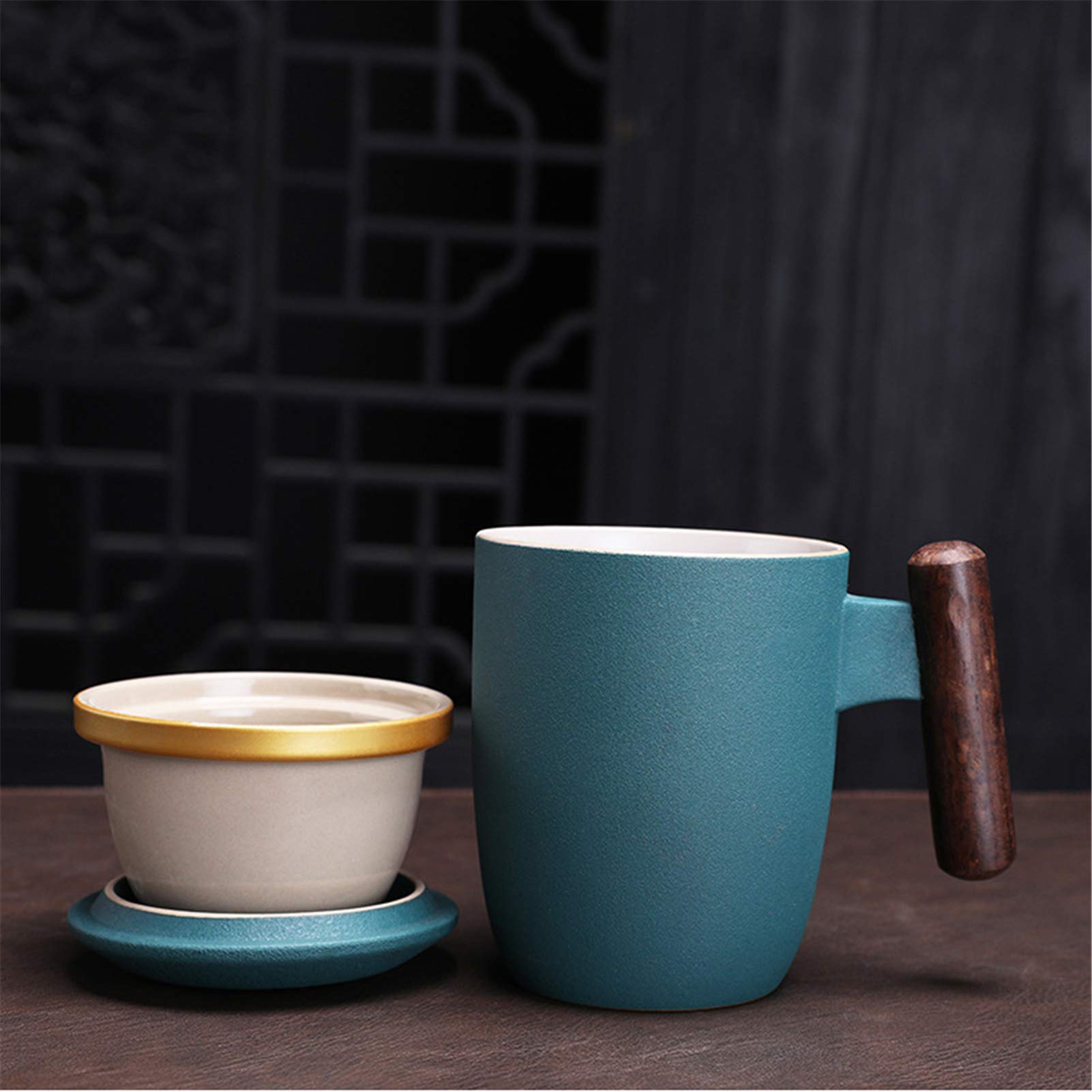 Teetasse Mit Deckel Sieb Und Holzgriff 400ml Porzellan Teebecher, Plastikfrei Cup Keramikbecher Set Zum Einweichen Von Losen Tee, Für Büro, Zuhause Oder Geschenk (Dunkelgrün)