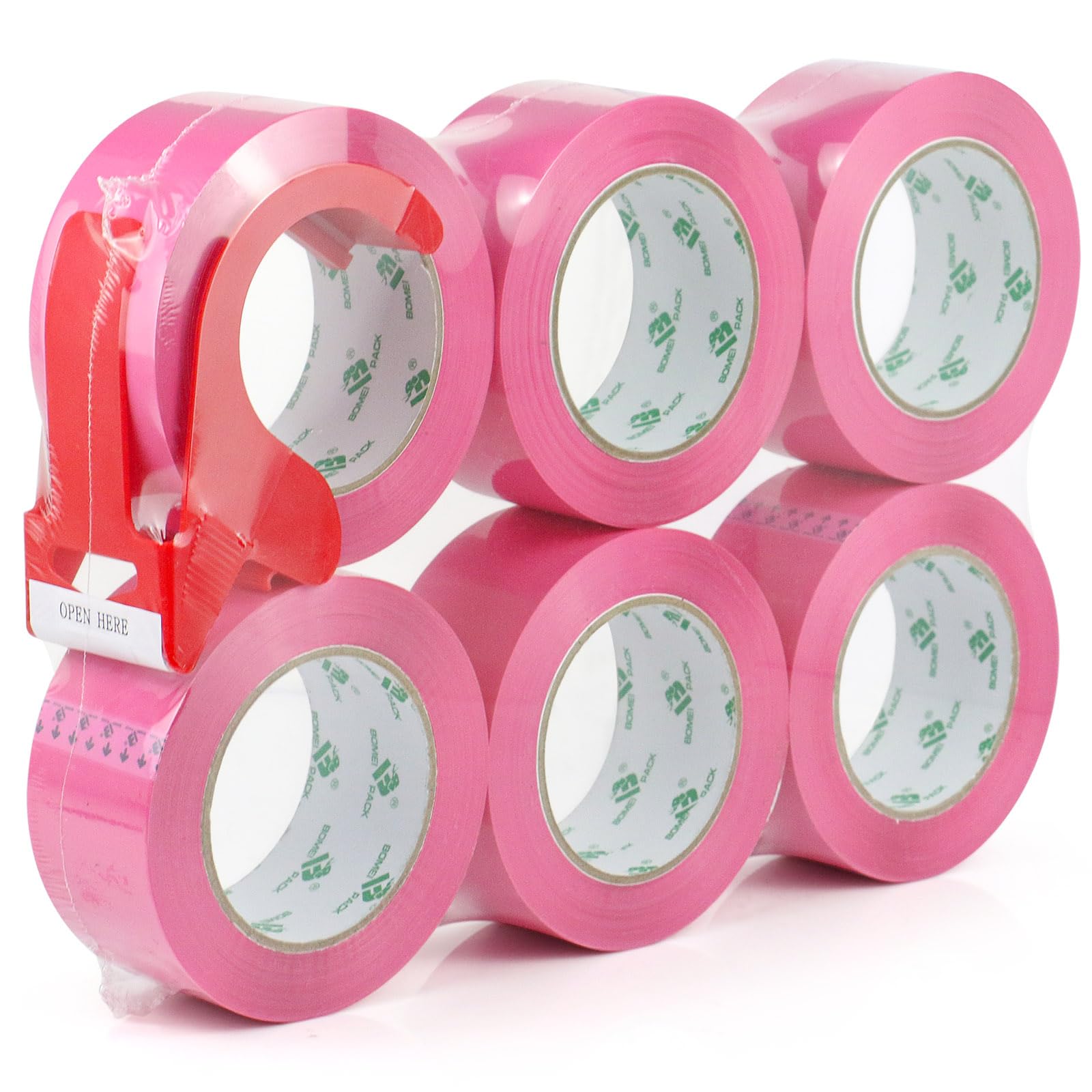 BOMEI PACK Nastro da imballaggio rosa con dispenser, 2,4 mm, 4 cm x 100 m, 6 rotoli di ricarica nastro per imballaggio, scatola di colore rosa, per traslochi, spedizioni, spedizioni e stoccaggio