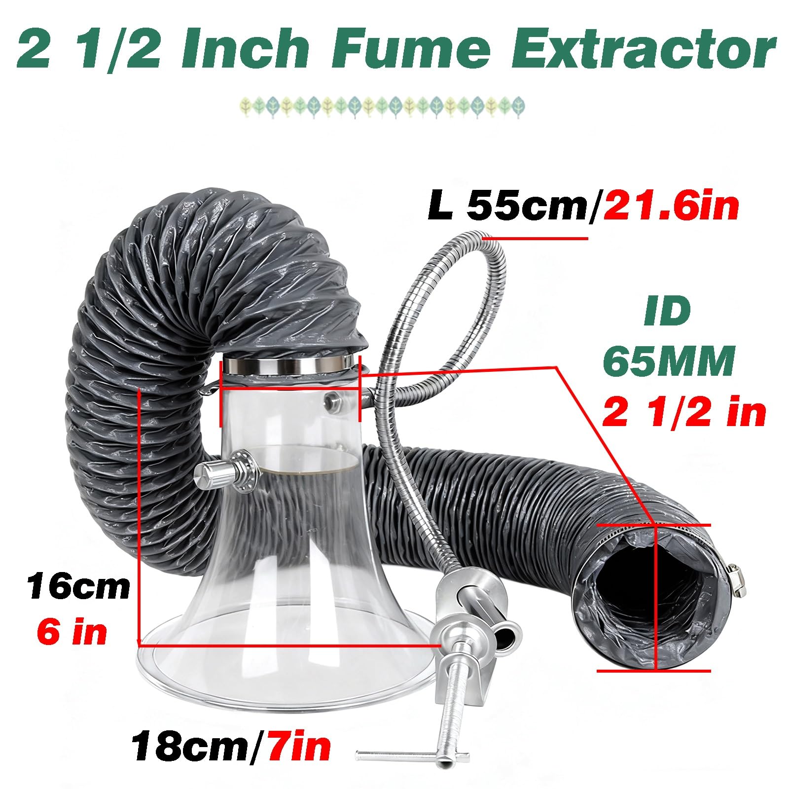 Tubo flexible Manguera De Extracción De Humos Y Gases Industriales Con Campana Transparente Y Soporte Ajustable, Para Laboratorios Comerciales, Fábricas Y Soldadura(L 33 ft/10m,Id 2 1/2 in/65MM)