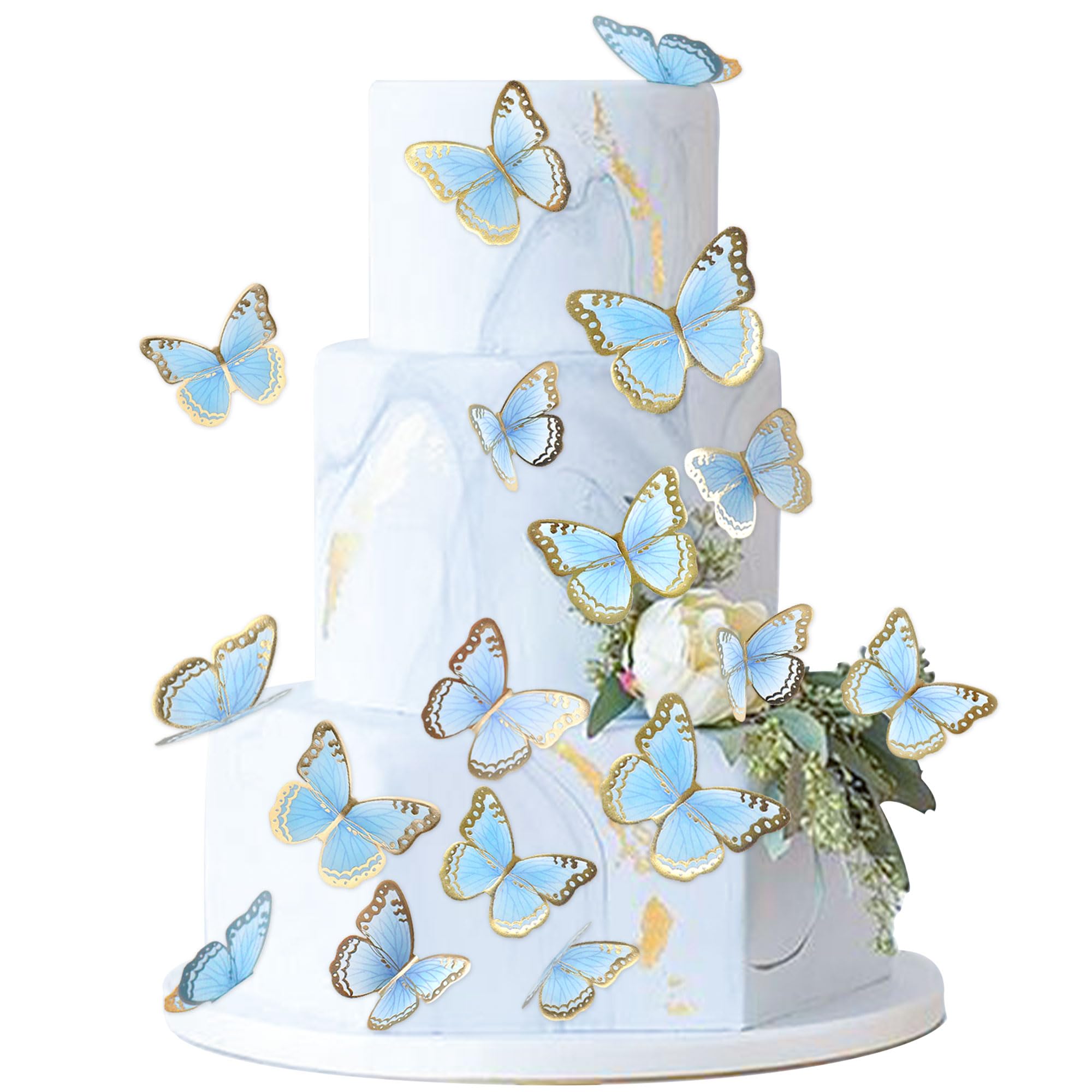 30pcs Blue Gold Edge Mixed Size Lively 3D Waterproof Butterfly Cupcake Topper for Girls Women's Happy Birthday Wedding Party Cake Wall Party Food Decorations