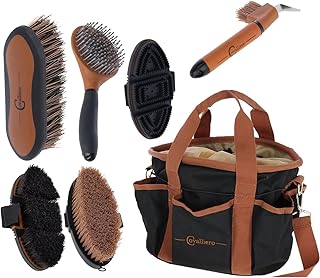 Covalliero Kit d'entretien cheval Premium 7 pièces avec sac de nettoyage – Brosses, étrille et grattoir à sabots pour l'entretien du cheval | Kit complet pour fourrure, crinière et sabots | Grattoir à