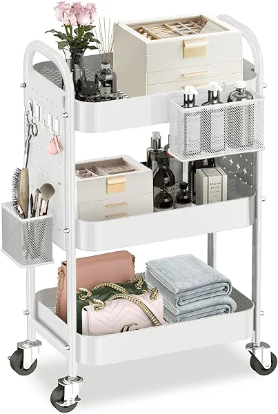 ALVOROG 3 Tier Rolling Cart with DIY Pegboards Metal Utility Cart with Wheels Handles Baskets Hooks, Storage Cart for Office Kitchen Bathroom(White)