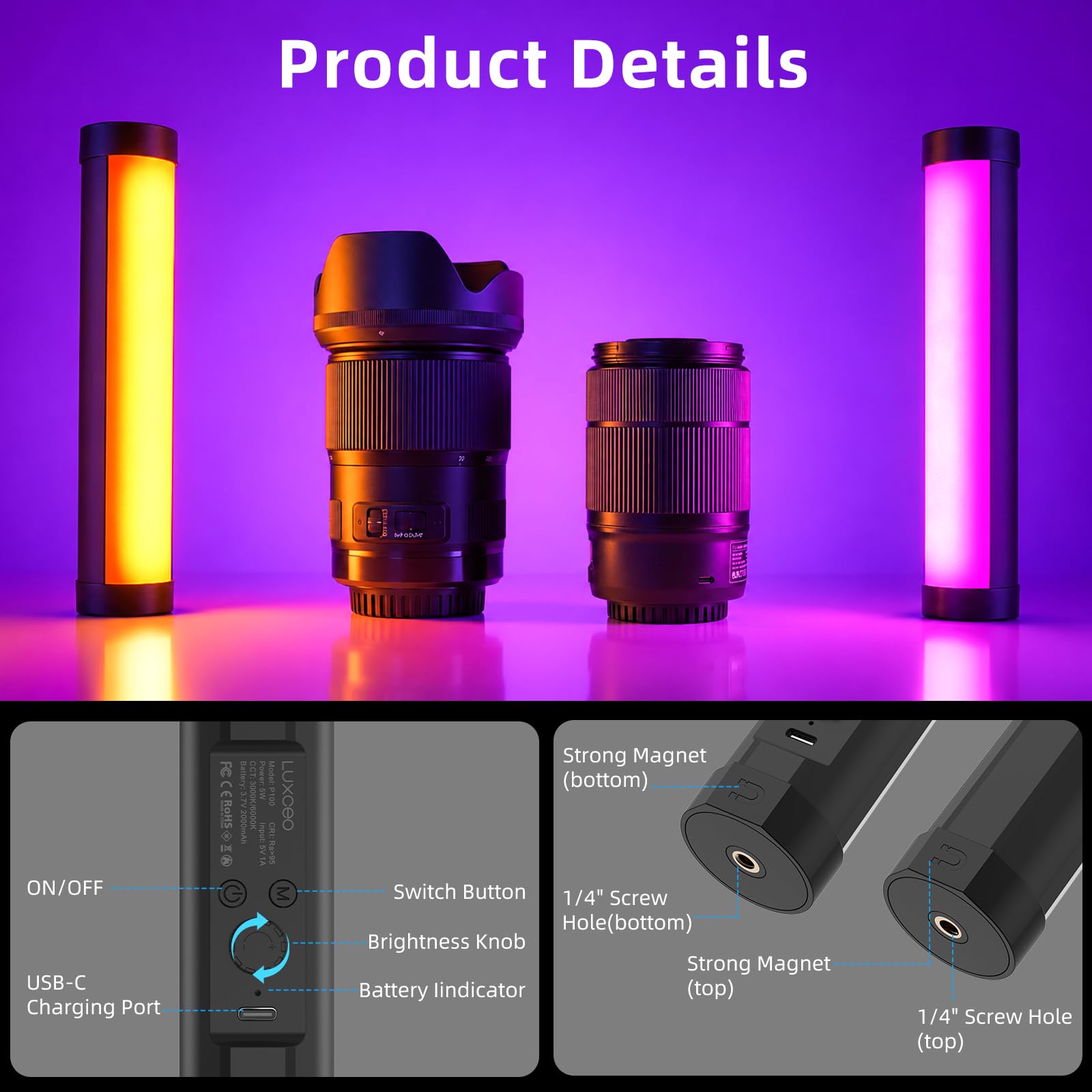 LUXCEO P100 20cm RGB Video Tube LED Light,Baton Lumineux,Magnetic Rechargeable Lightstick Multi-angle Éclairage,Lampe Photo Portable pour Tiktok,Youtube,Tournage Vidéo,Brightness Adjustable,3000/6000K