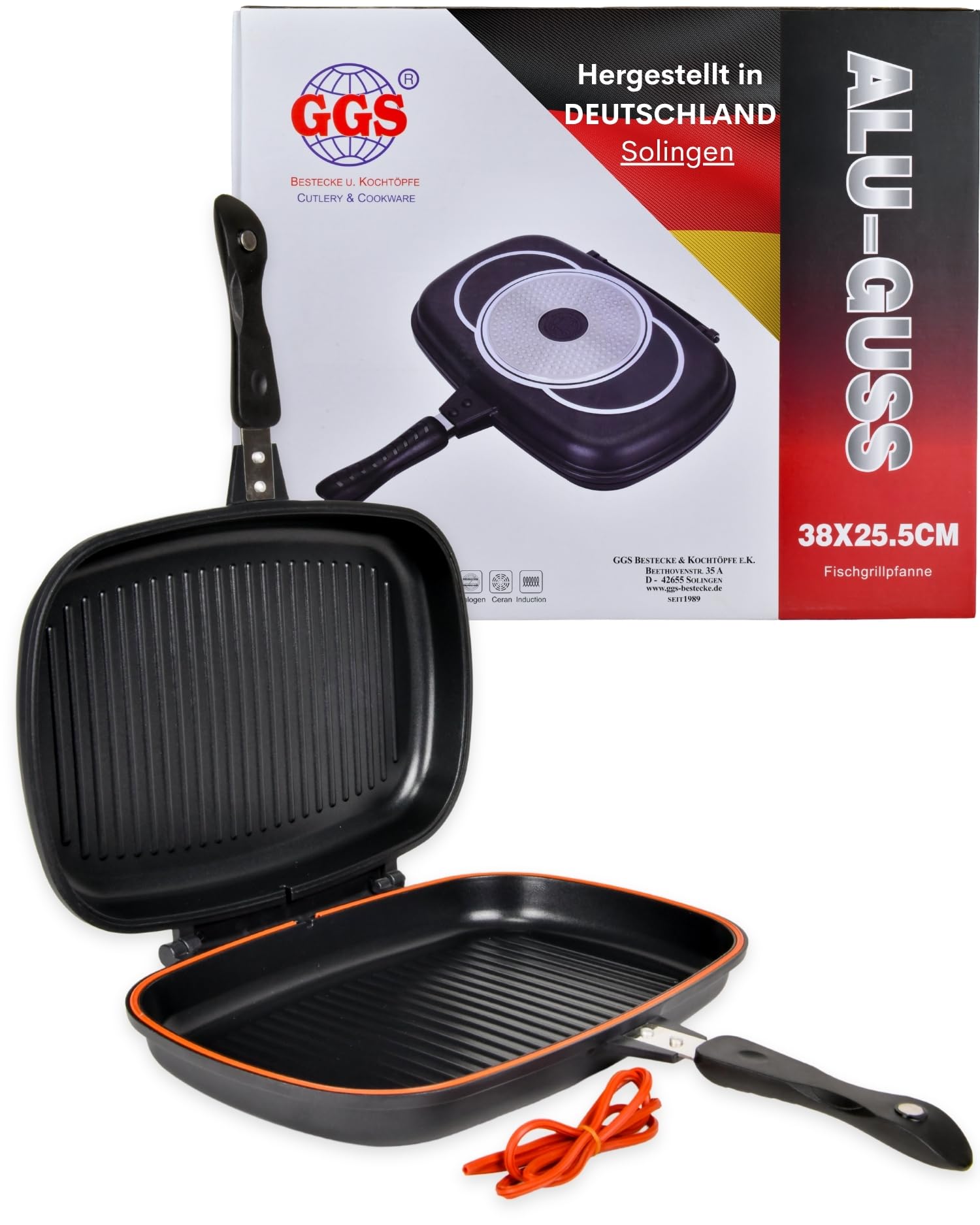 GGS Solingen Doppelseitige Grillpfanne 38 x 25,5 cm – Made in Germany | Wendepfanne Doppelpfanne aus Alu-Guss | Fischgrillpfanne für Induktion, Gas & Glaskeramik | PTFE-Antihaft | Magnetverschluss