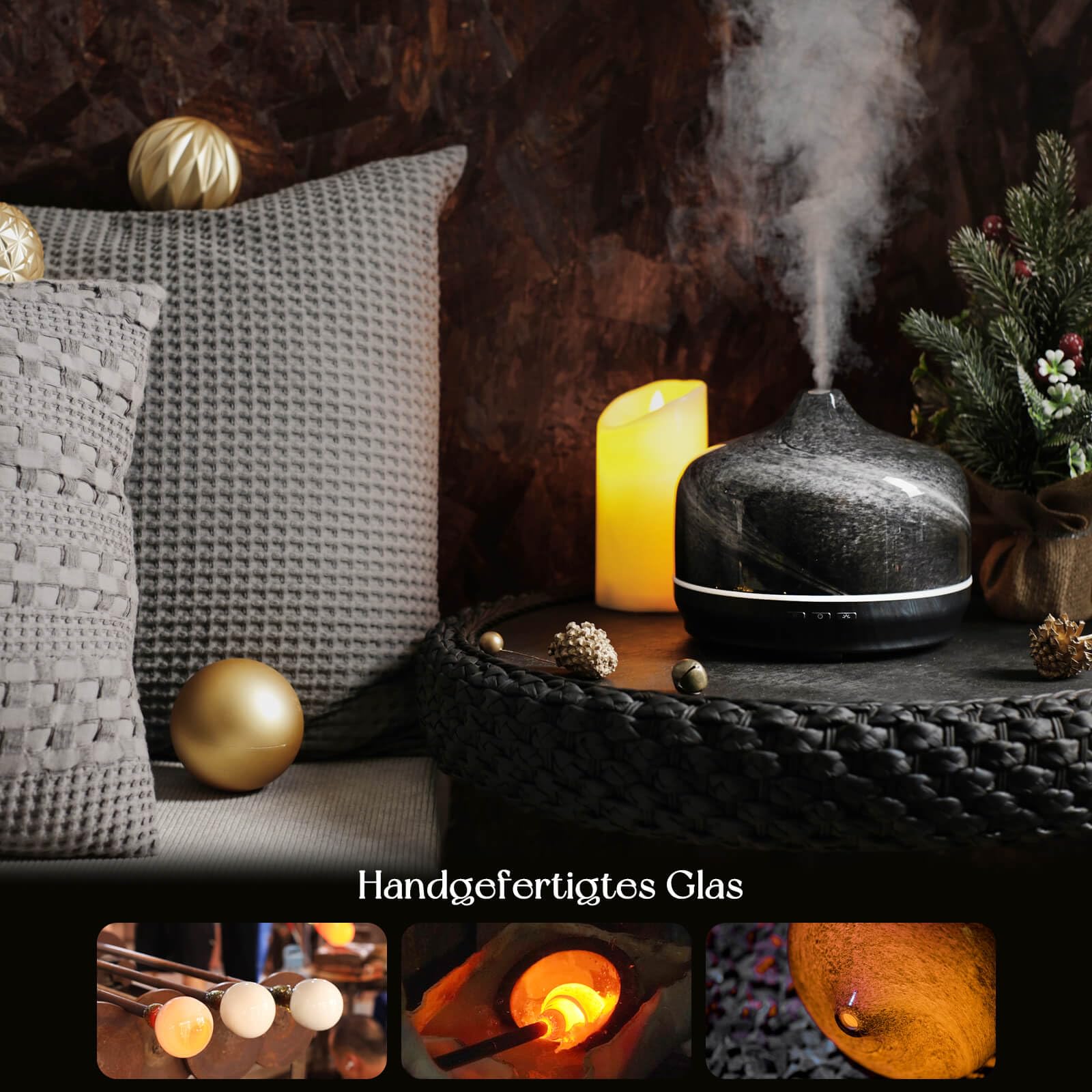 Porseme Aroma Diffuser 500ml, Handgeblasen Glas Luftbefeuchter Ultraschall | Aromatherapie Öle Diffusor mit 7 farbigem LED Licht,Diffusor für Ätherische Öle Letzte 15-21 Stunden,für Wohnung (Obsidian)