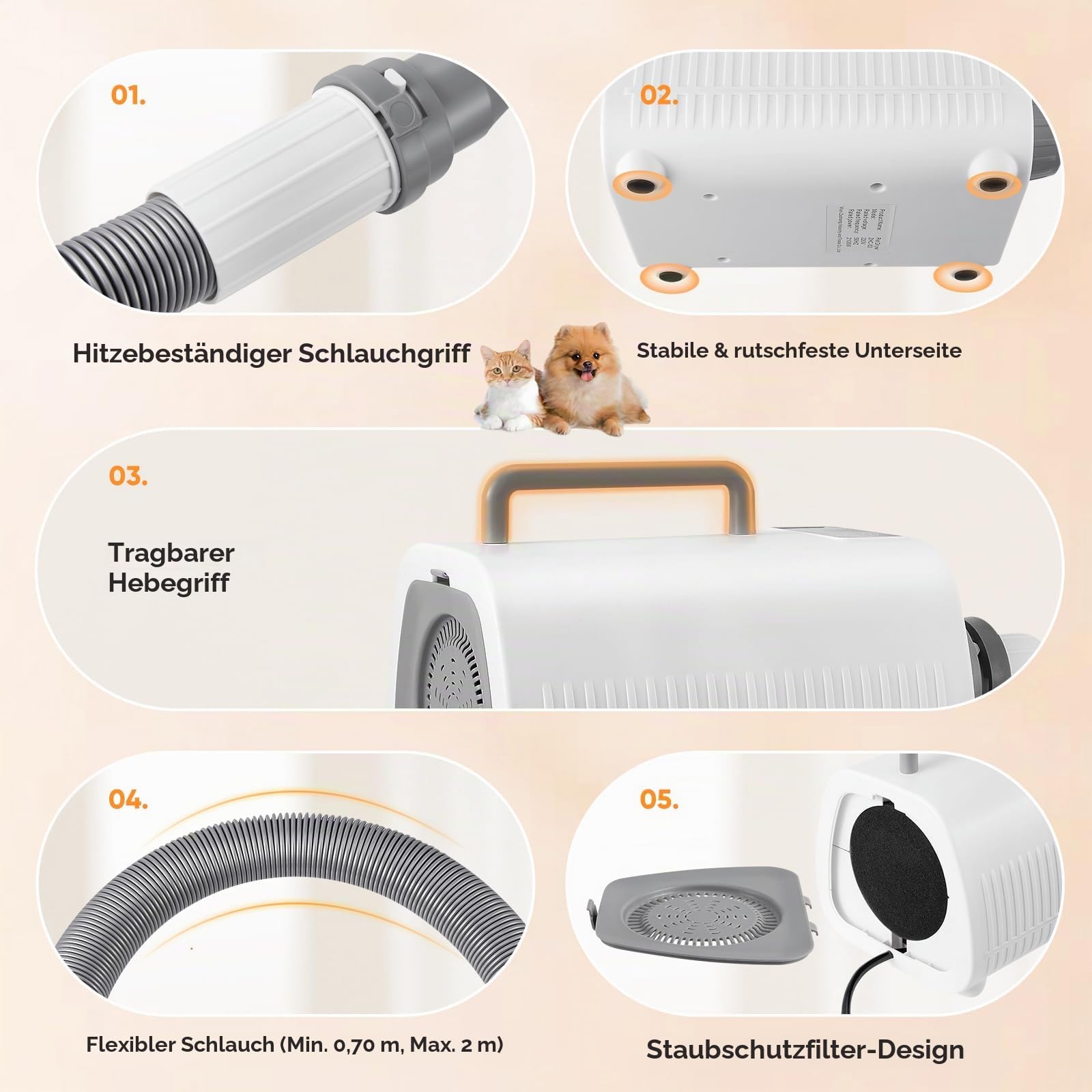 Pudel Hundefön, Leistungsstarker Hundeföhn mit Einstellbarer Geschwindigkeit und Temperatur, 3 Düsen, Flexiblem Schlauch und LCD-Bildschirm, blower hund für Katzen und Hunde aller Größen