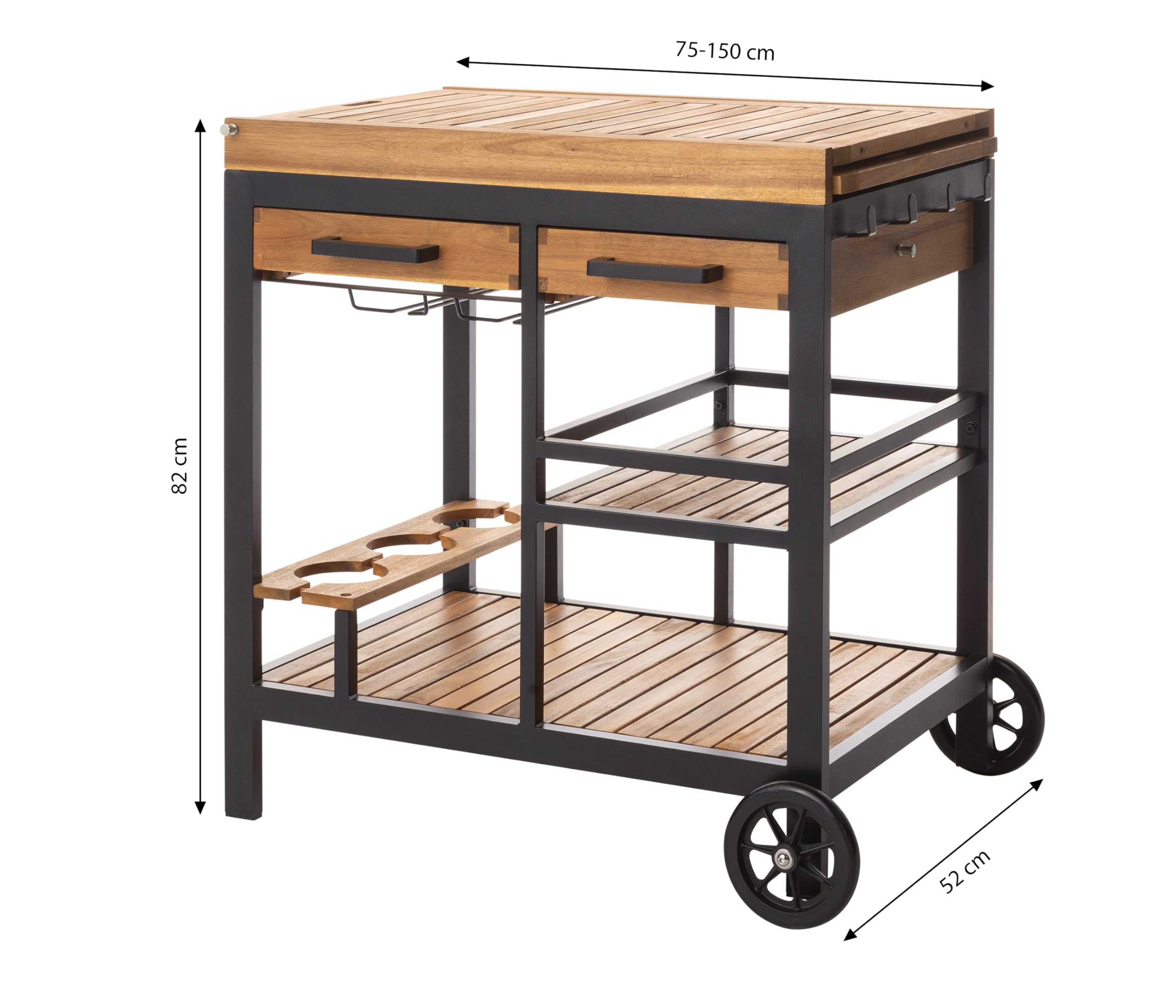 Dehner Servierwagen Liverpool, rollbar, mit Gläserhalterung, 150 x 82 x 52 cm, Aluminium/FSC®-zertifiziertes Akazienholz, schwarz/Natur