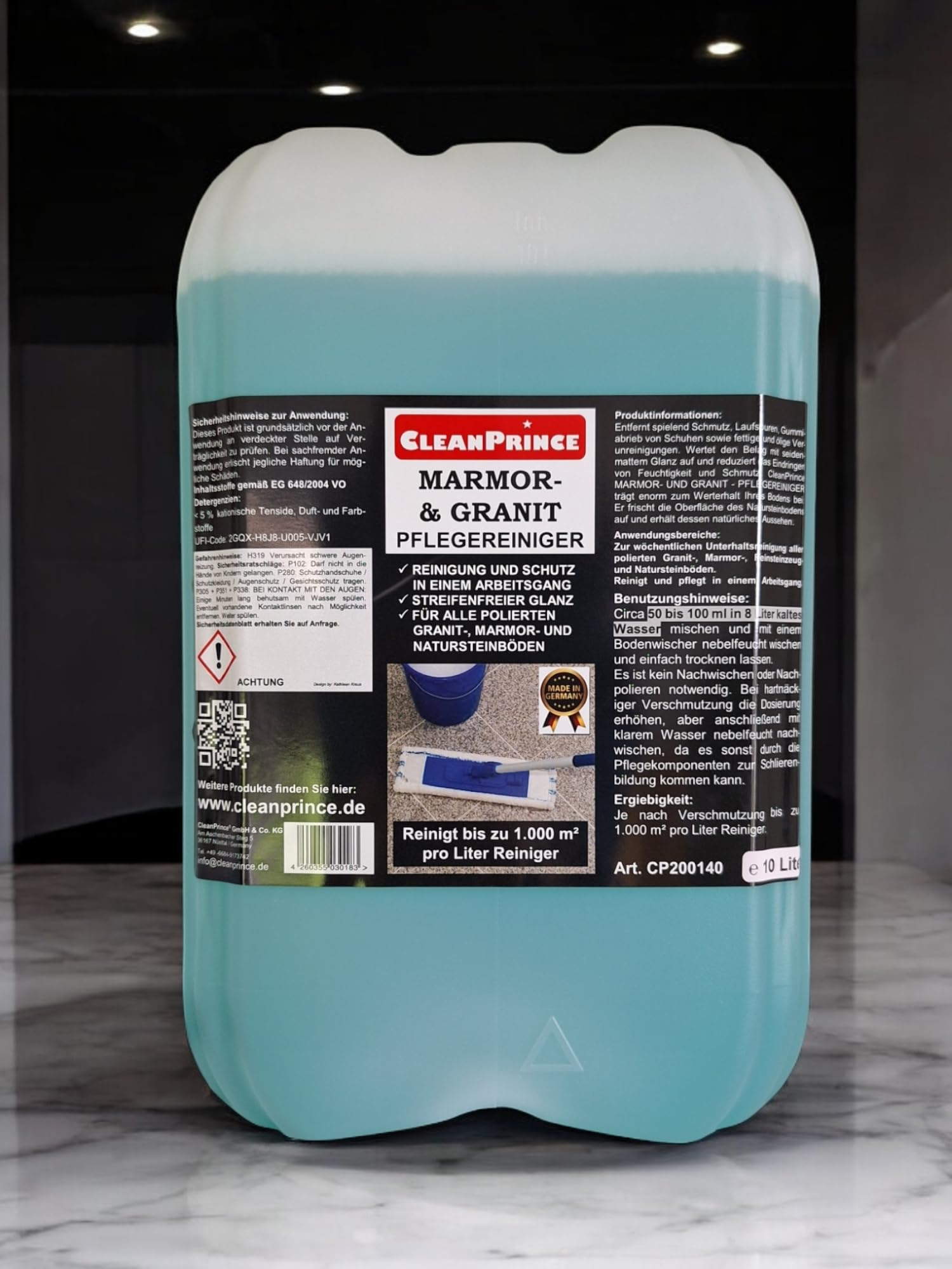 CleanPrince Limpiador de mármol y granito de 10 litros | Limpiador de granito de mármol turquesa