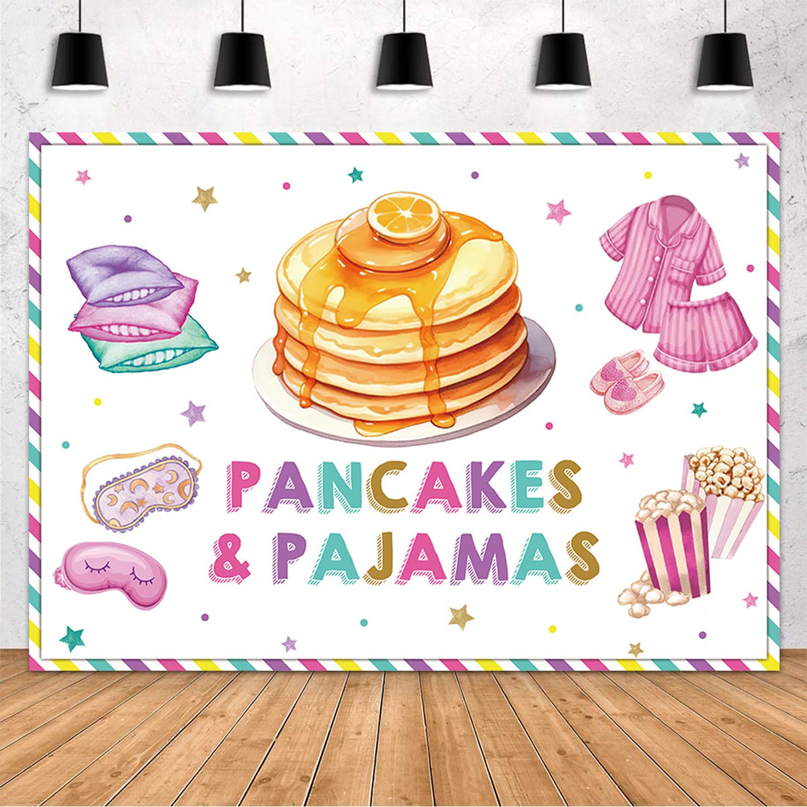 MEHOFOND Pancakes and Pajamas Birthday Party Backdrop for Girls Colorful Stripes Confetti Stars Sweet Birthday Photography Background Pajama Slumber