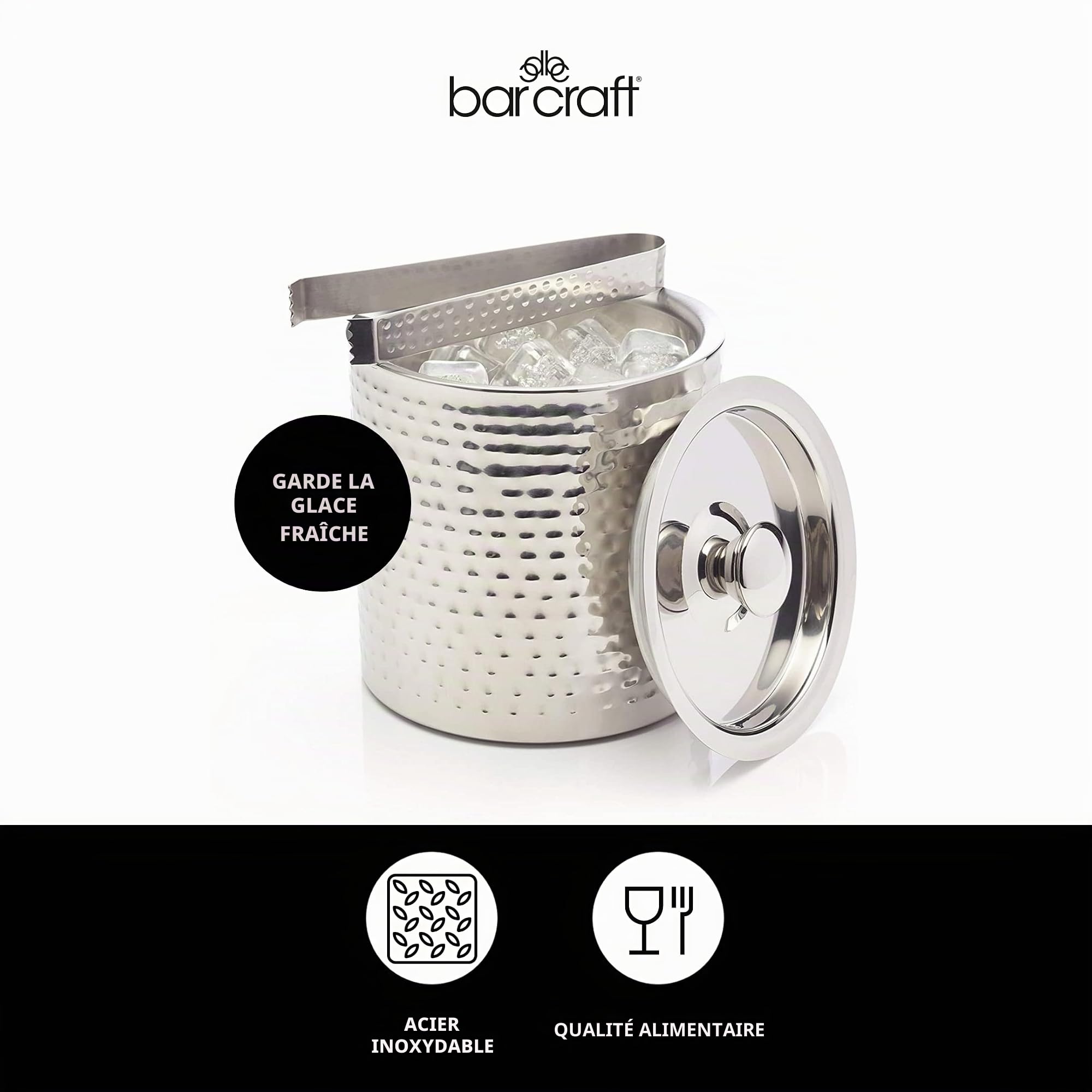 BarCraft Seau à glace en acier inoxydable avec couvercle et pince, 1,5 litre (2,5 pintes) - Finition martelée