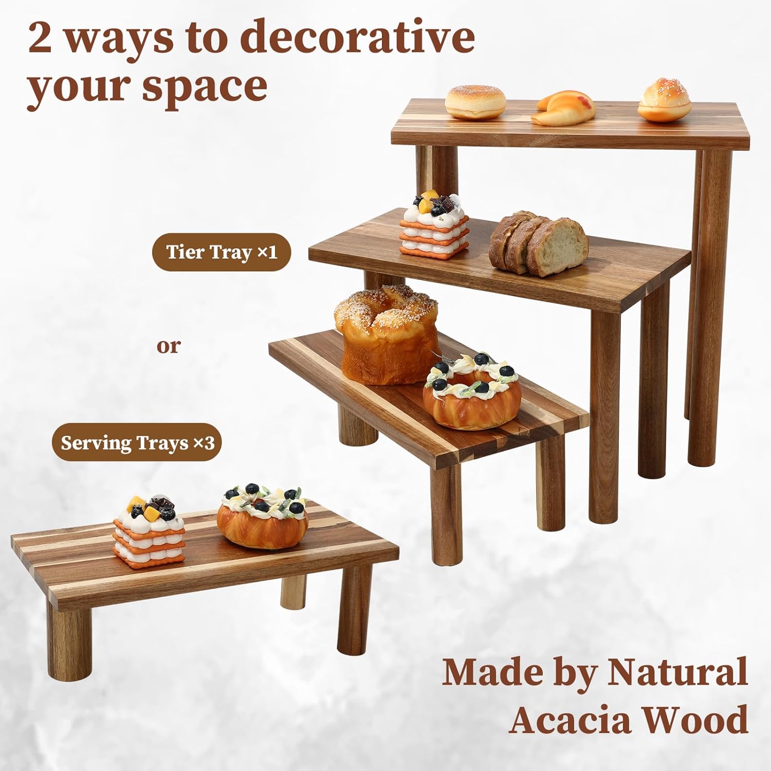 JarThenaAMCS 3 Tier Acacia Wood Serving Trays Acacia Wood Cupcake Tray Stand Rustic Cupcake Wooden Risers Display Stands Set for Party Buffet Dessert Decorations