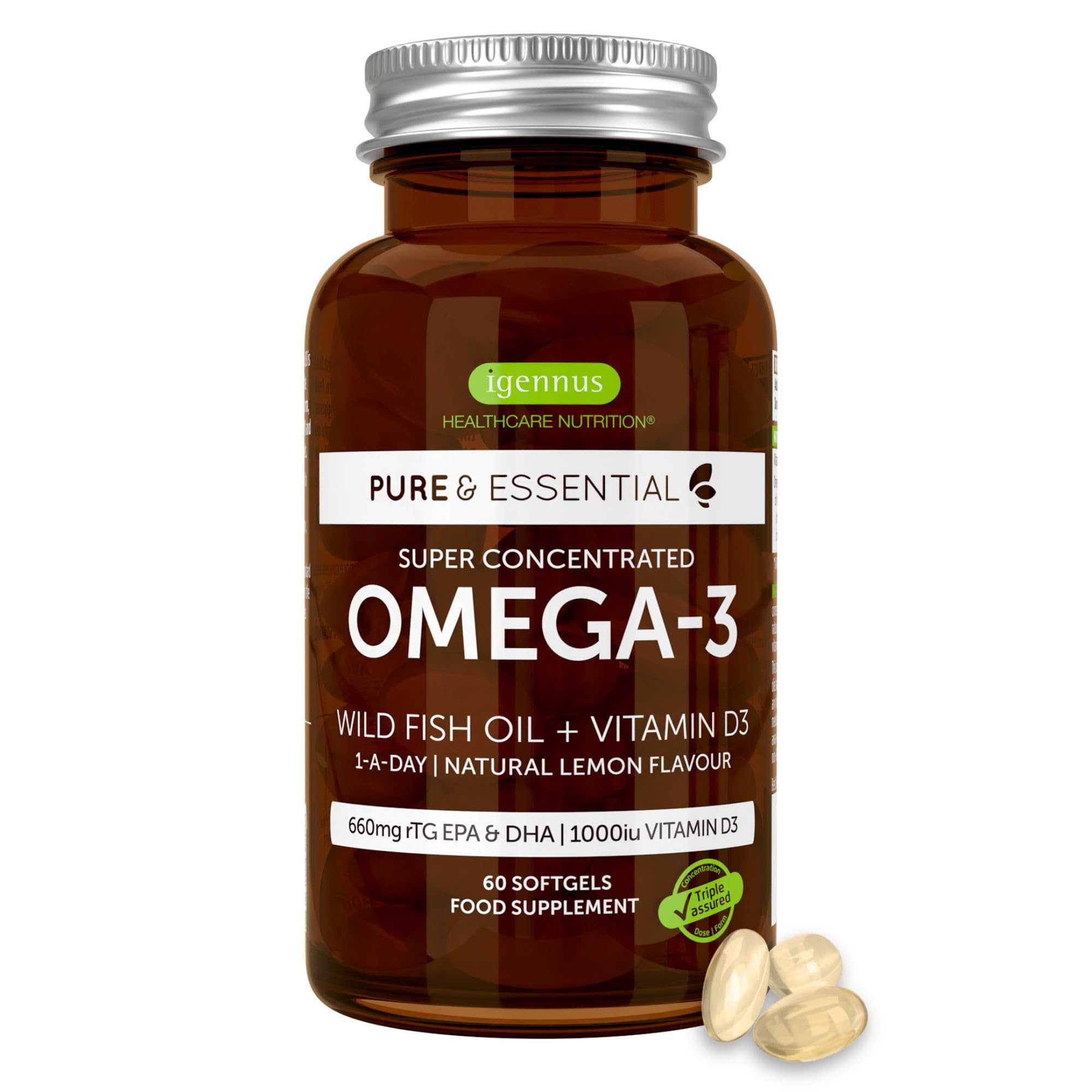 Igennus Advanced Omega-3 Fish Oil & D3 1000iu, 1-a-Day 60 Servings, IFOS Certified, EPA DHA Fatty Acids, rTG Triglyceride Form, Fast-Acting, Ultra Pure, Natural Lemon Flavour