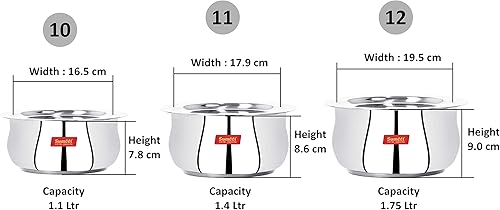 Miniatura 5 de Sumeet 3 piezas de acero inoxidable inducción y estufa de gas amigable con forma de vientre, juego de utensilios de cocina con tapas tamaño n. 10 a