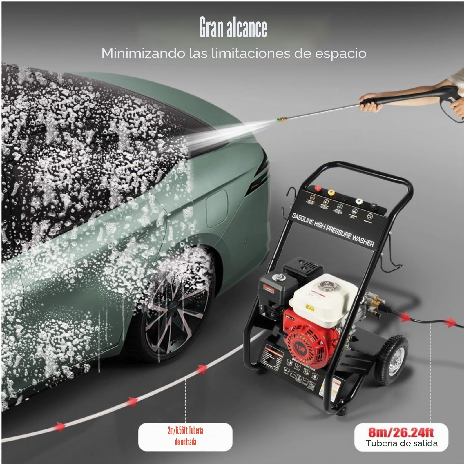 Limpiador de Alta Presión de Gasolina de 7,5 CV con Lanza de Alta Presión + 5 Boquillas + Kit de Manguera de 10m, Kit Profesional de Lavado a Presión Adecuado para Terrazas, Coches y Jardines